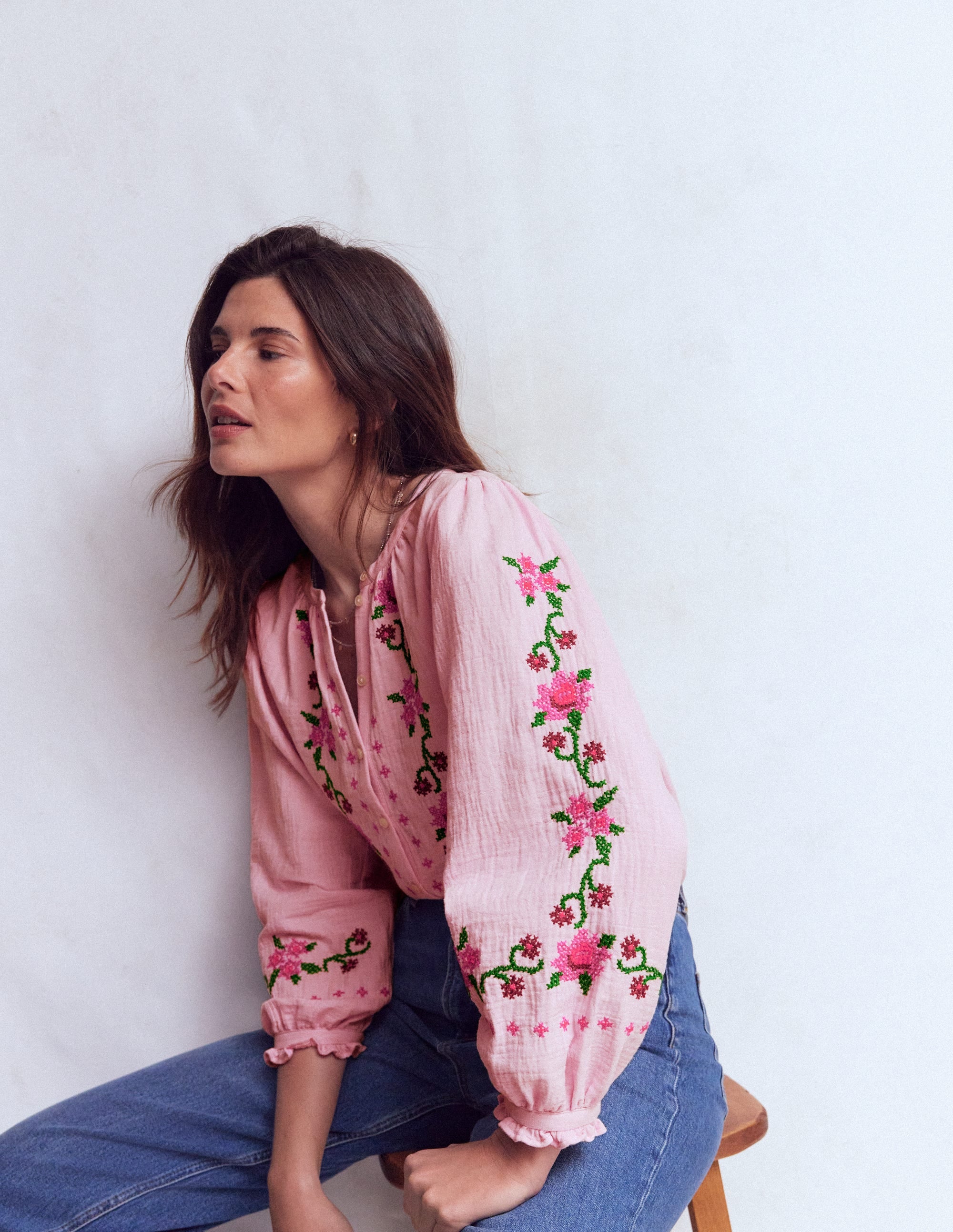 Camille Double Cloth Top - Spring Blossom Pink Embroidery | Boden USA