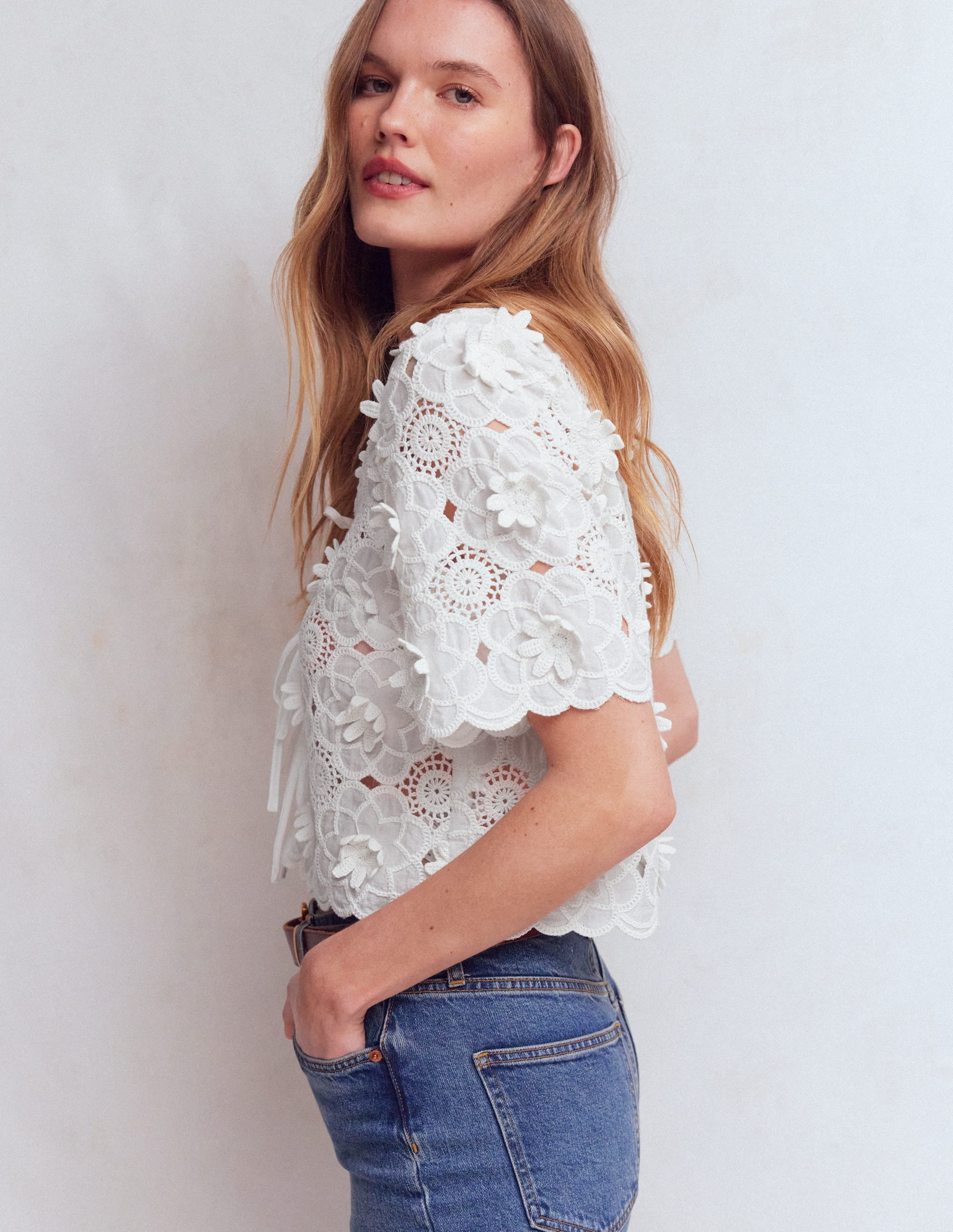 Tie Front Lace Top-White - Image 1