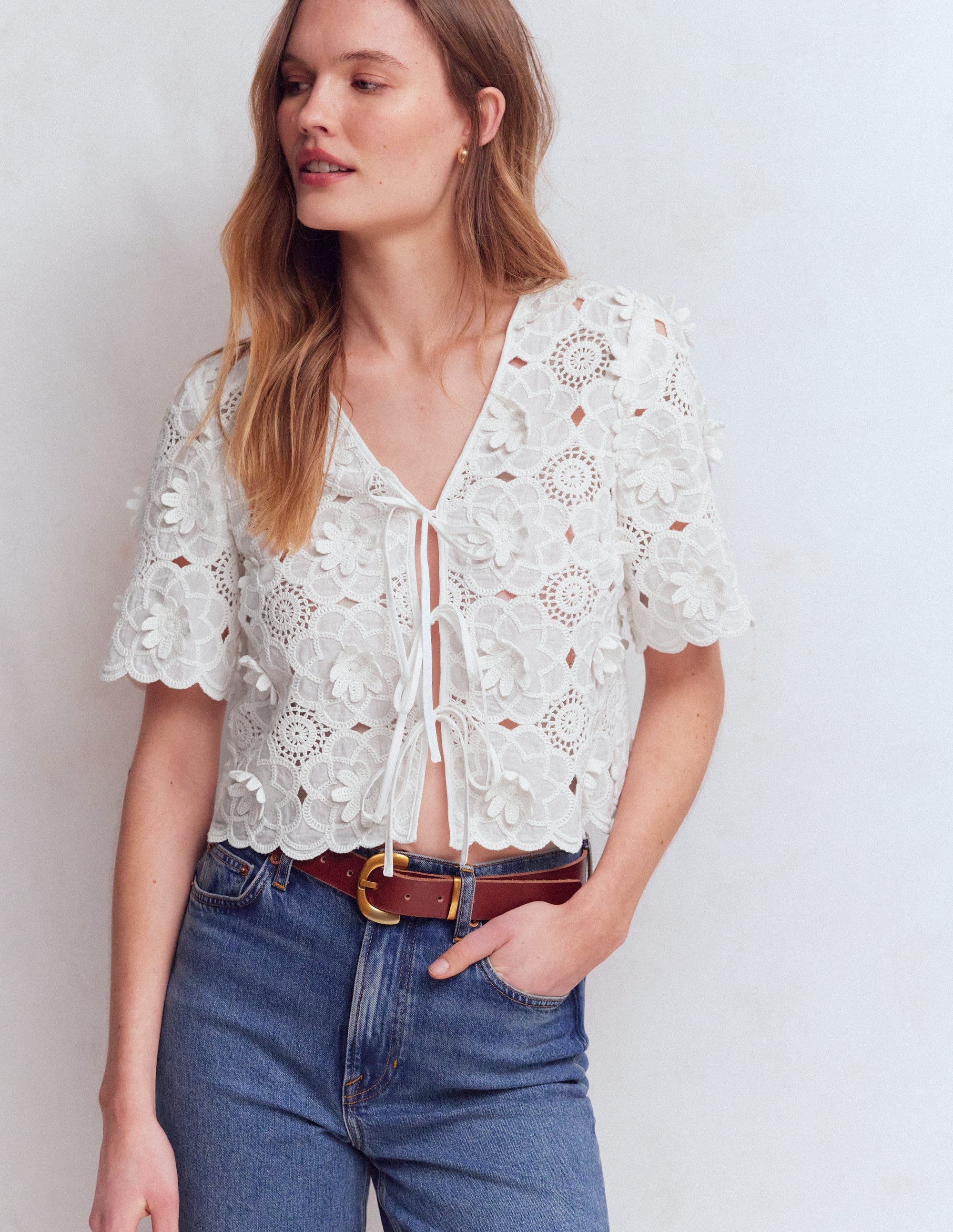 Tie Front Lace Top-White - Image 5