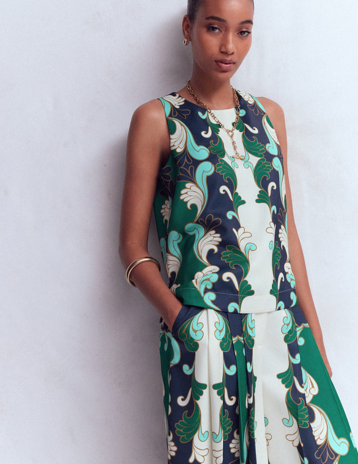 Relaxed Sleeveless Shell Top-Ivory, Foliage Whirl