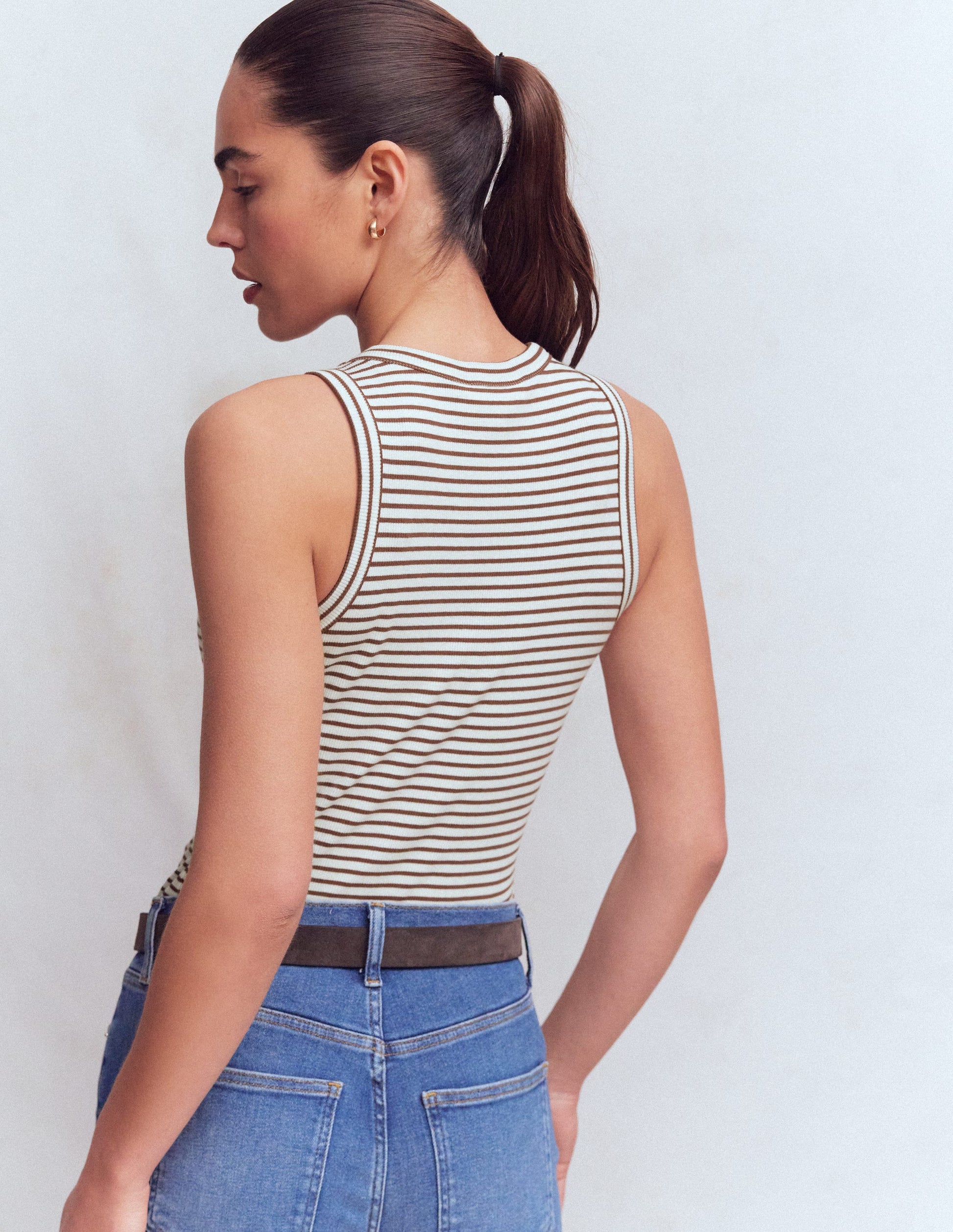 Ribbed Racer Vest-Ivory & Brown Stripe-3