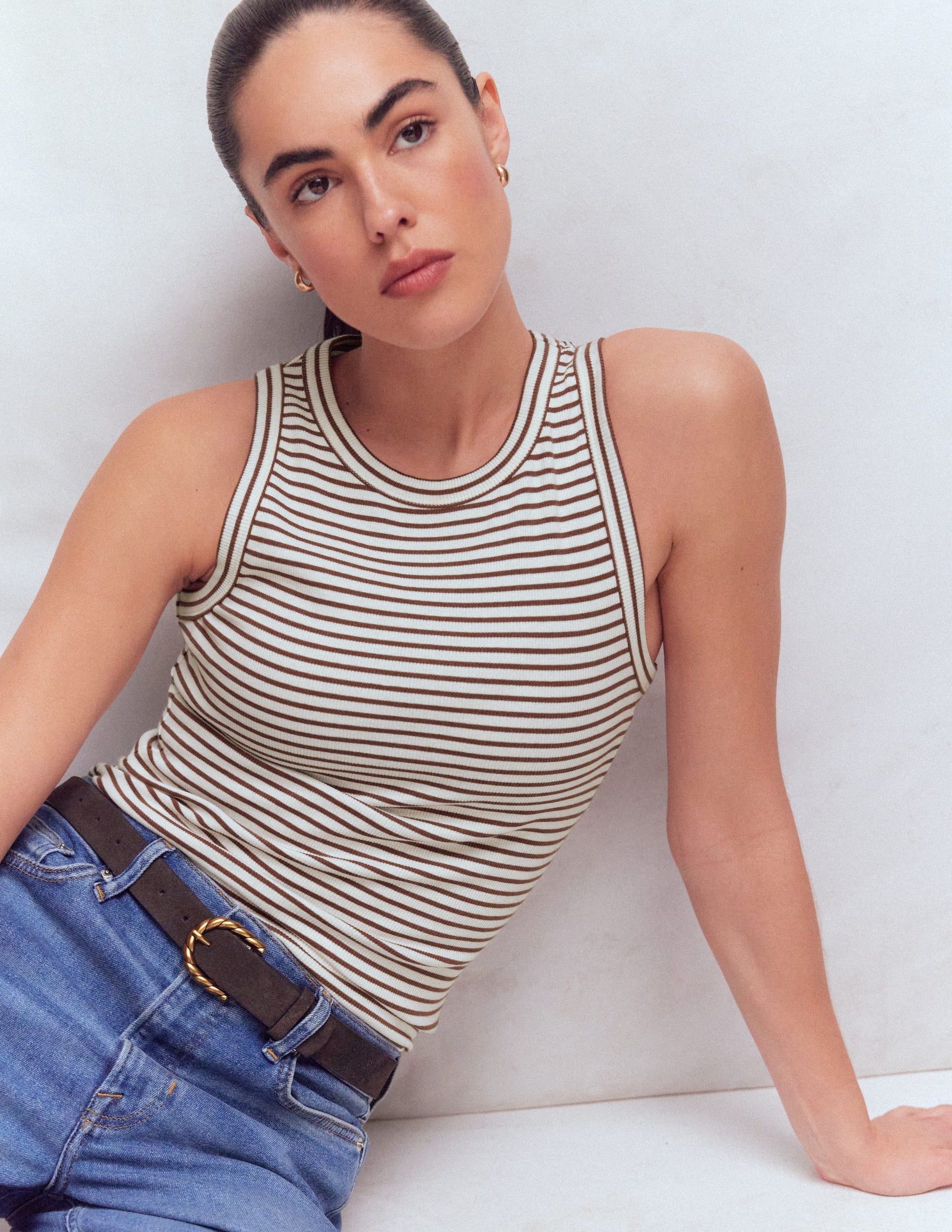 Ribbed Racer Vest-Ivory & Brown Stripe-5