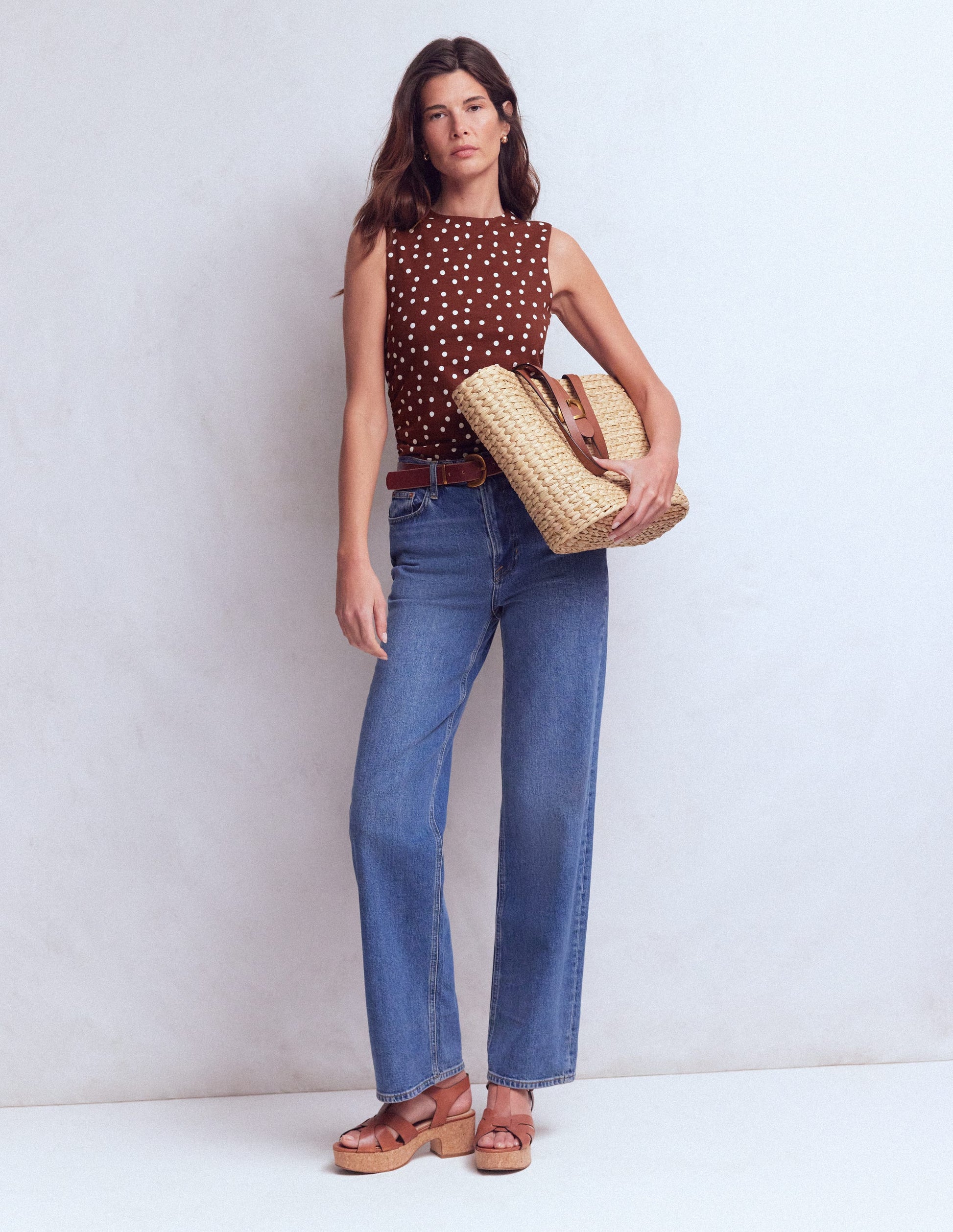 Tia Sleeveless Ruch Jersey Top-Bitter Chocolate & Ivory Spot-4