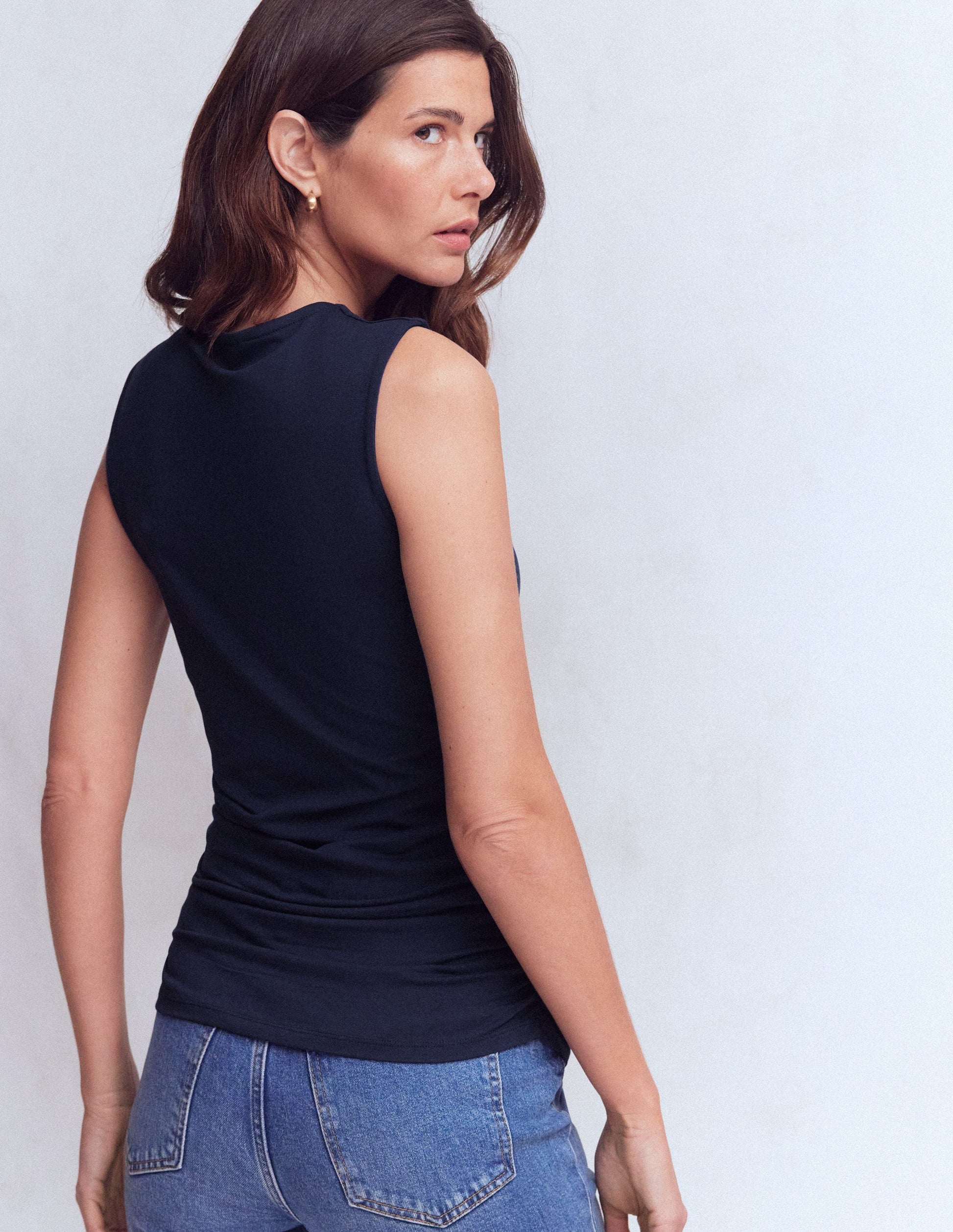 Tia Sleeveless Ruch Jersey Top-Navy-3