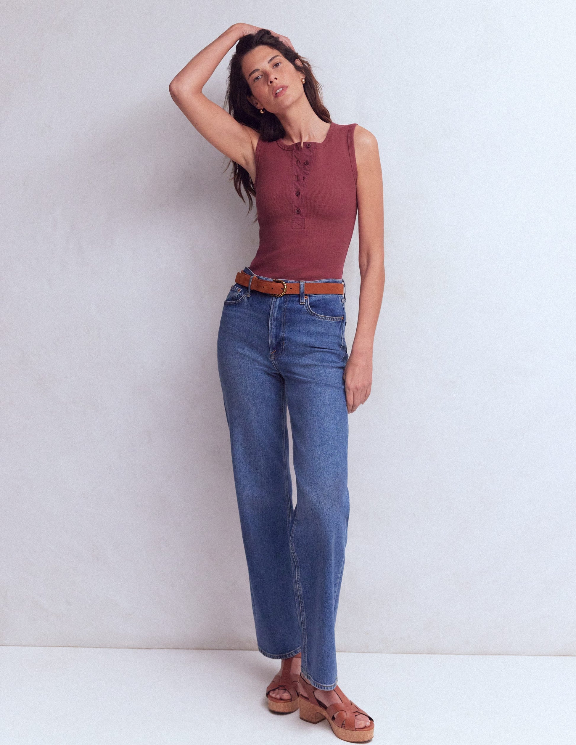 Crew Neck Henley Tank-Maroon-4