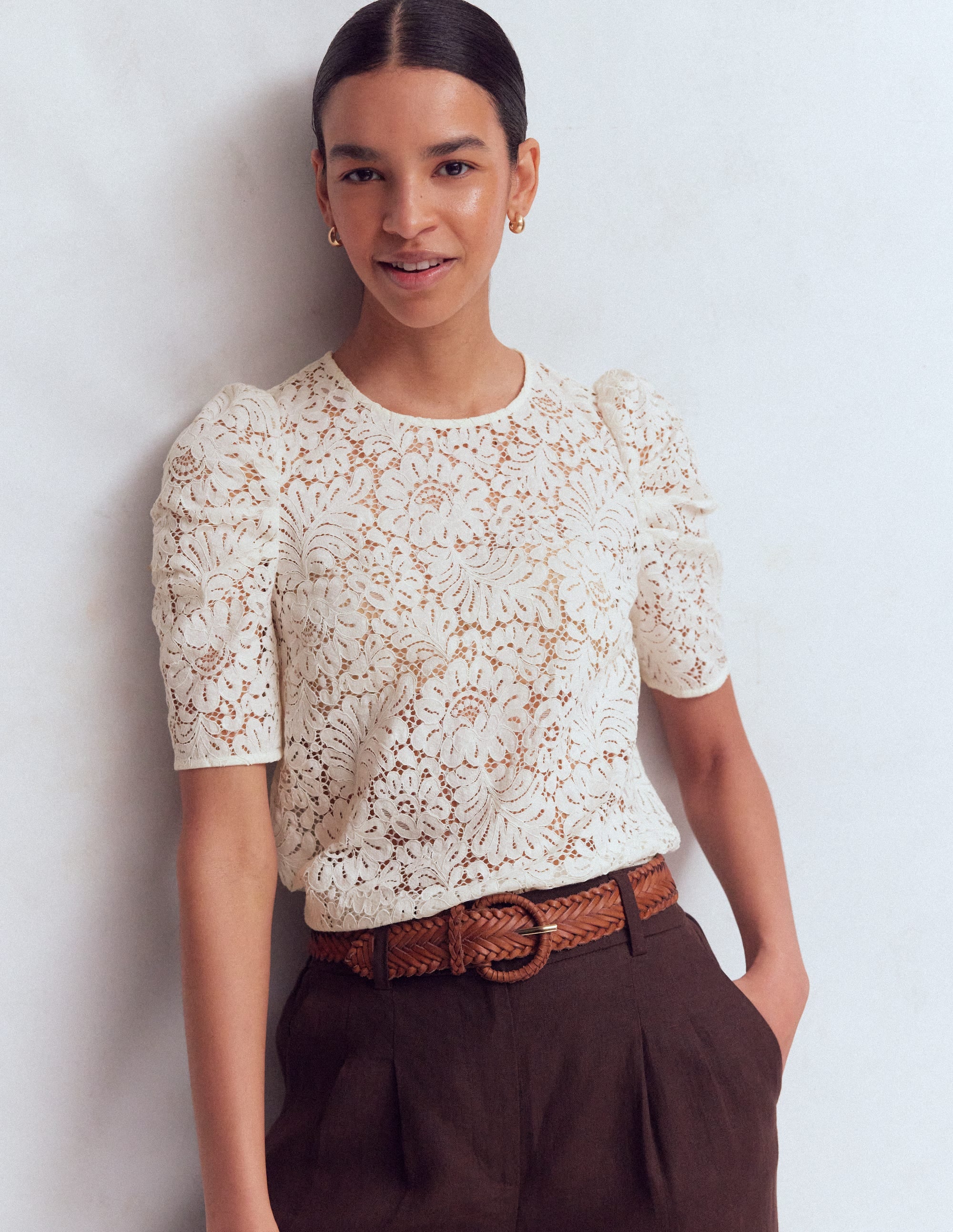 Pleat Sleeve Lace T-shirt-Ivory | Boden USA