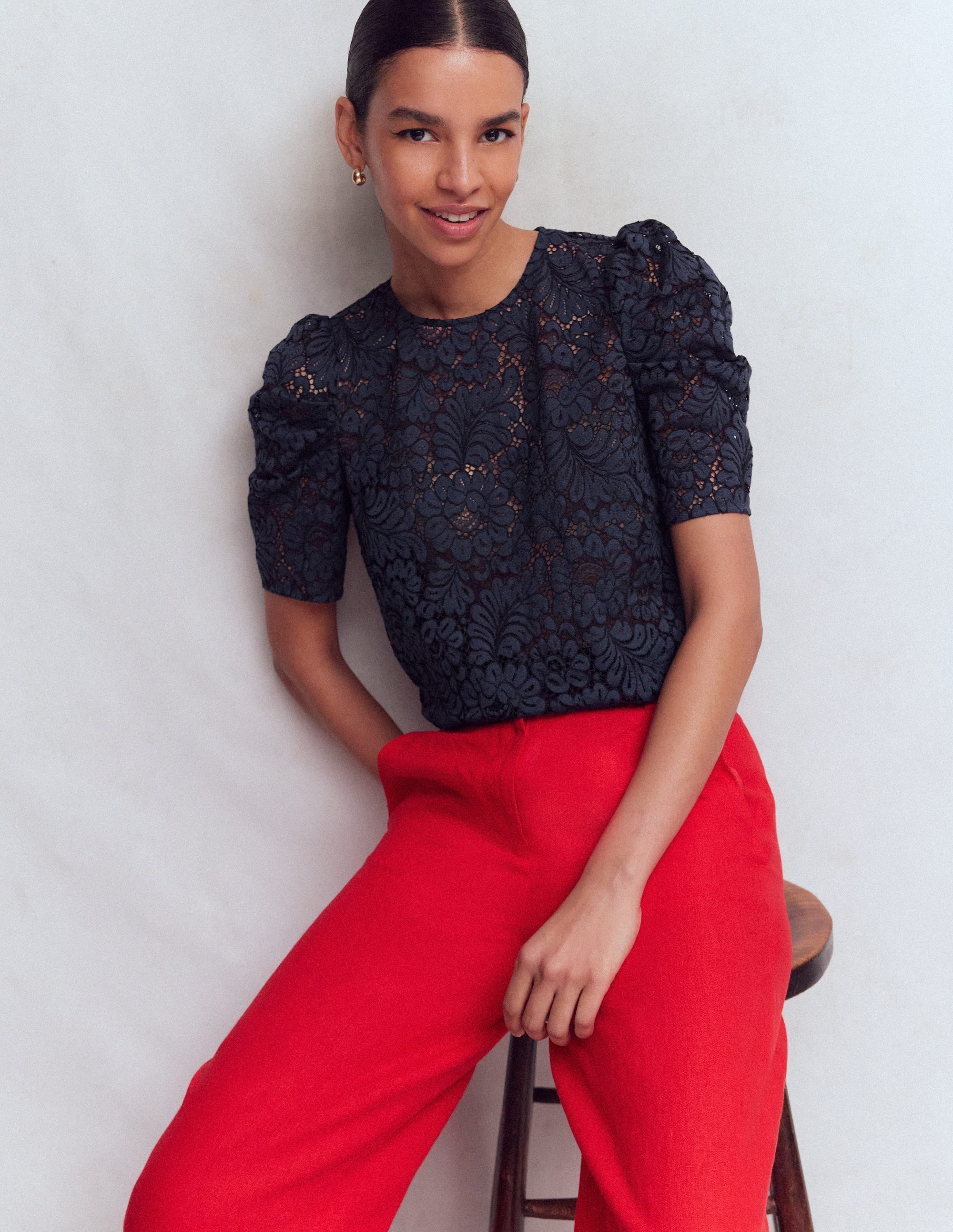 Pleat Sleeve Lace T - shirt - Navy | Boden USA