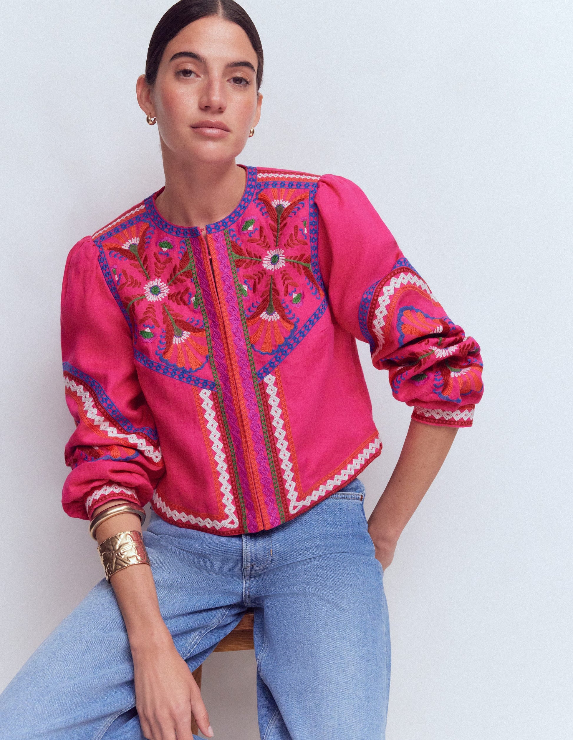 Embroidered Linen Jacket-Pink Peony, Embroidered-3