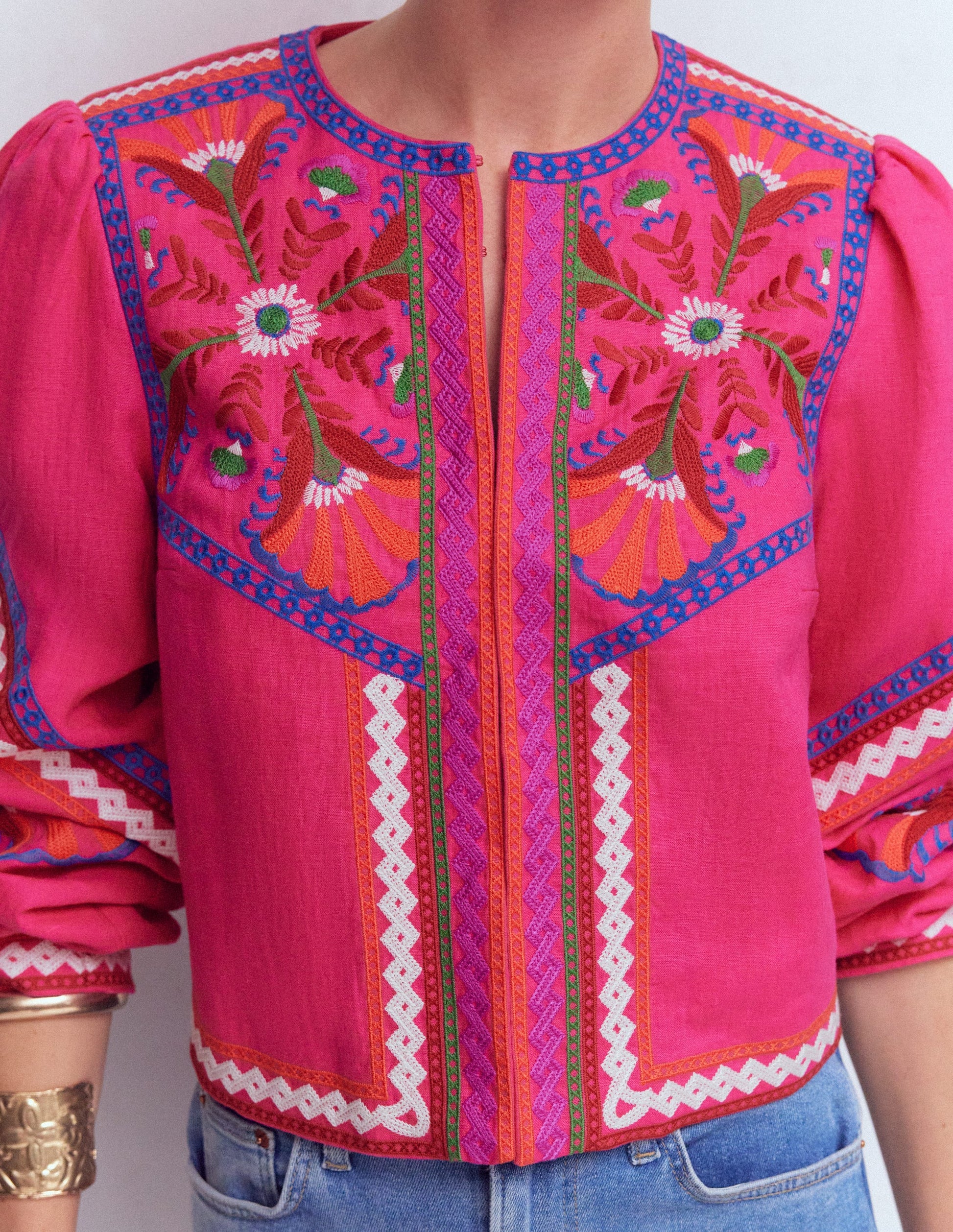 Embroidered Linen Jacket-Pink Peony, Embroidered-4