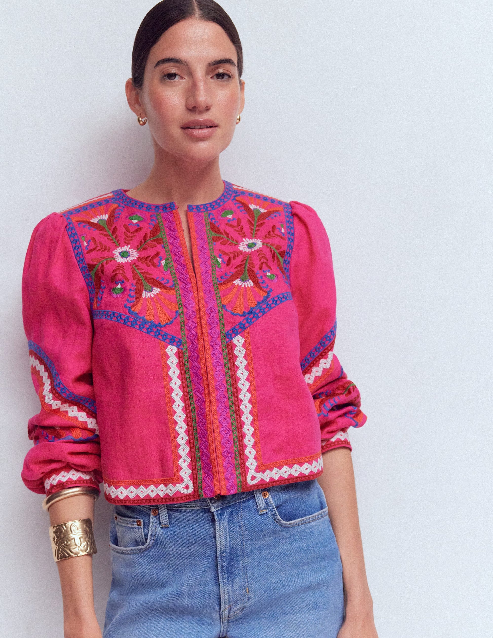 Embroidered Linen Jacket-Pink Peony, Embroidered-7