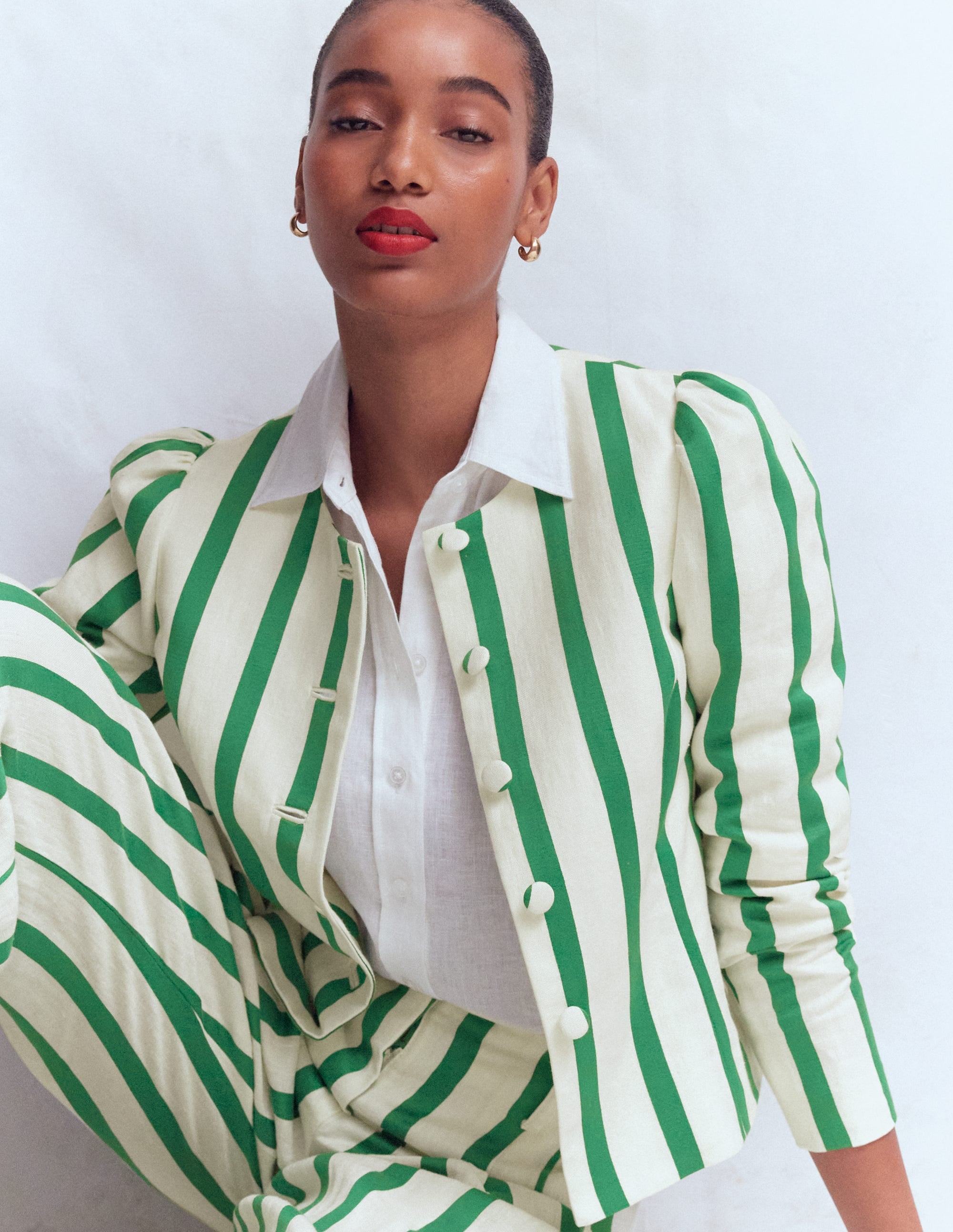 Salisbury Puff Sleeve Jacket - Ivory, Fresh Green Stripe | Boden USA
