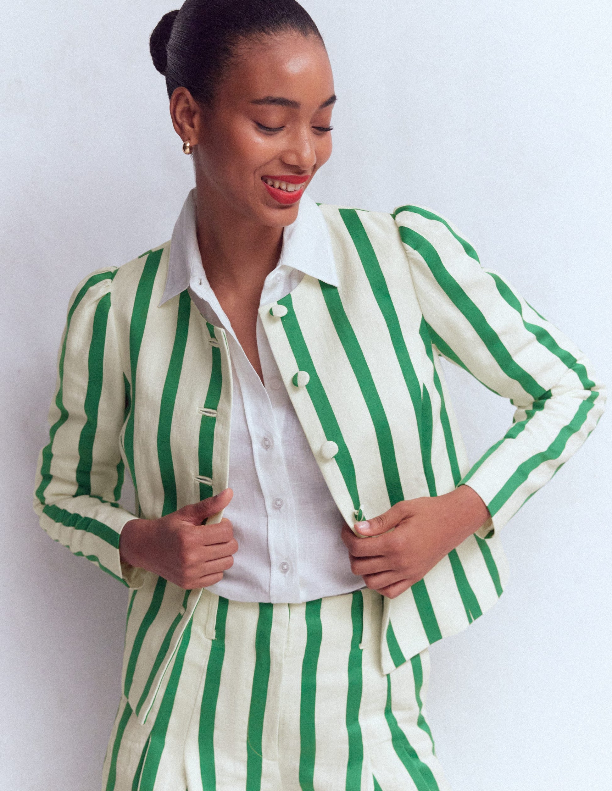 Salisbury Puff Sleeve Jacket-Ivory, Fresh Green Stripe-5