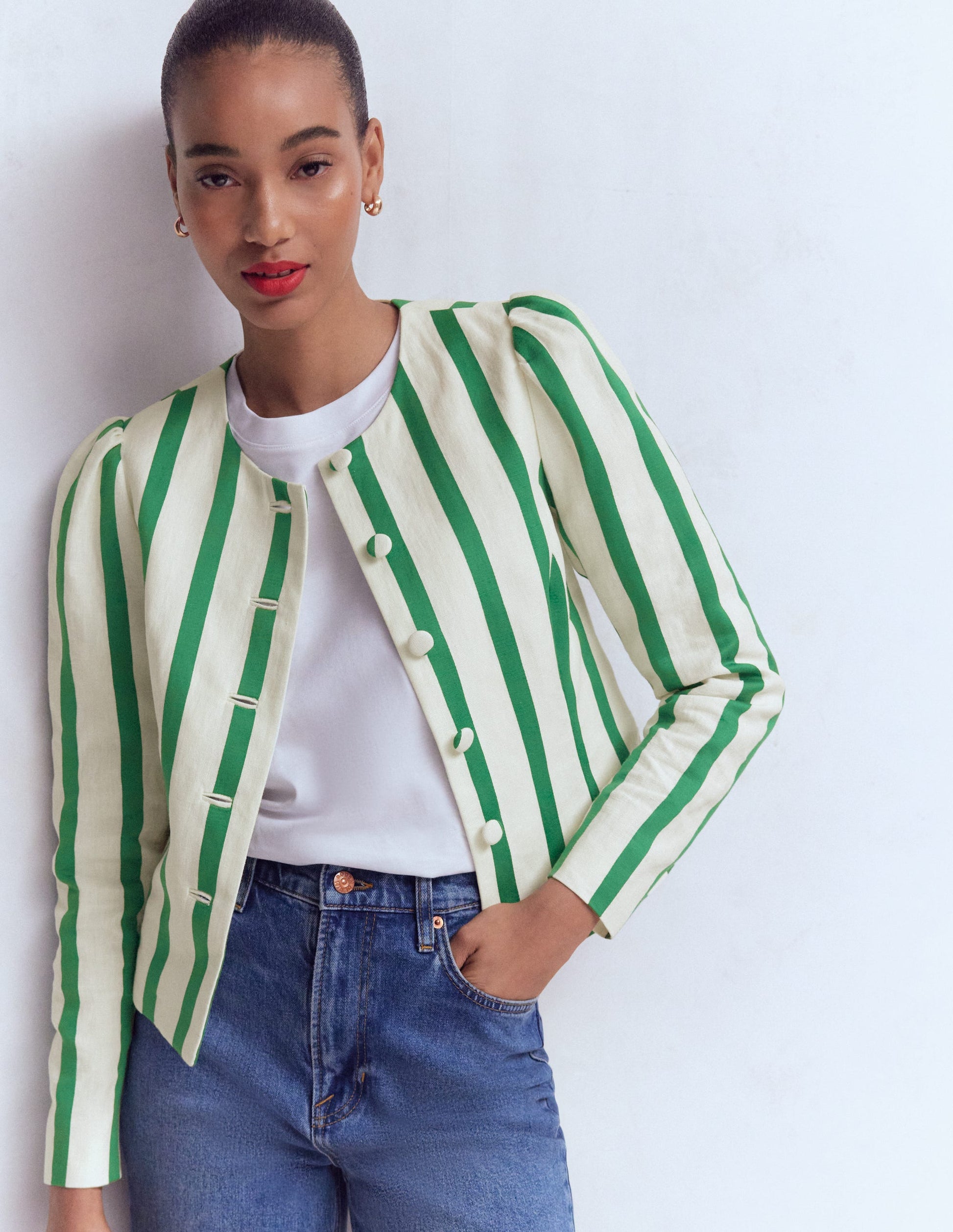 Salisbury Puff Sleeve Jacket-Ivory, Fresh Green Stripe-6