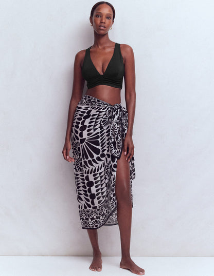 Printed Sarong Scarf-Black, Geo Stamp-2