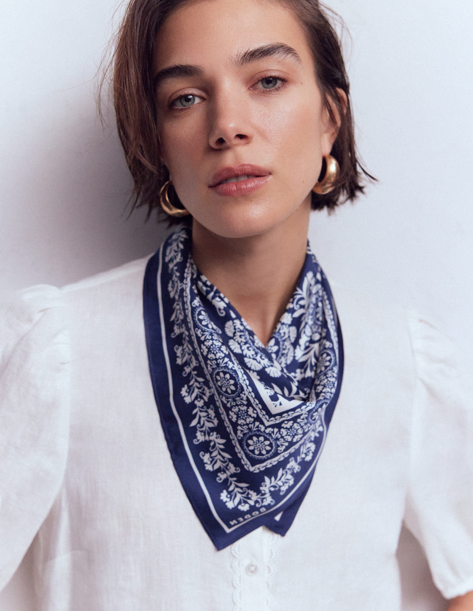 Elisabeth Silk Square Scarf-Navy Decorative Blossom - Image 4