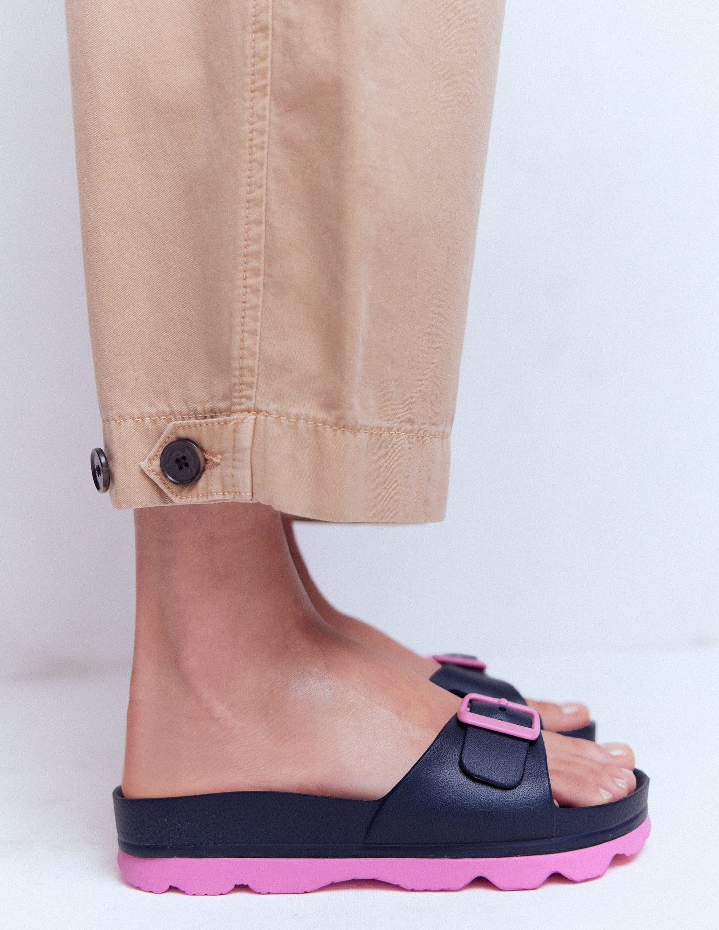 Lyla Single Buckle Sliders-Navy/Pink
