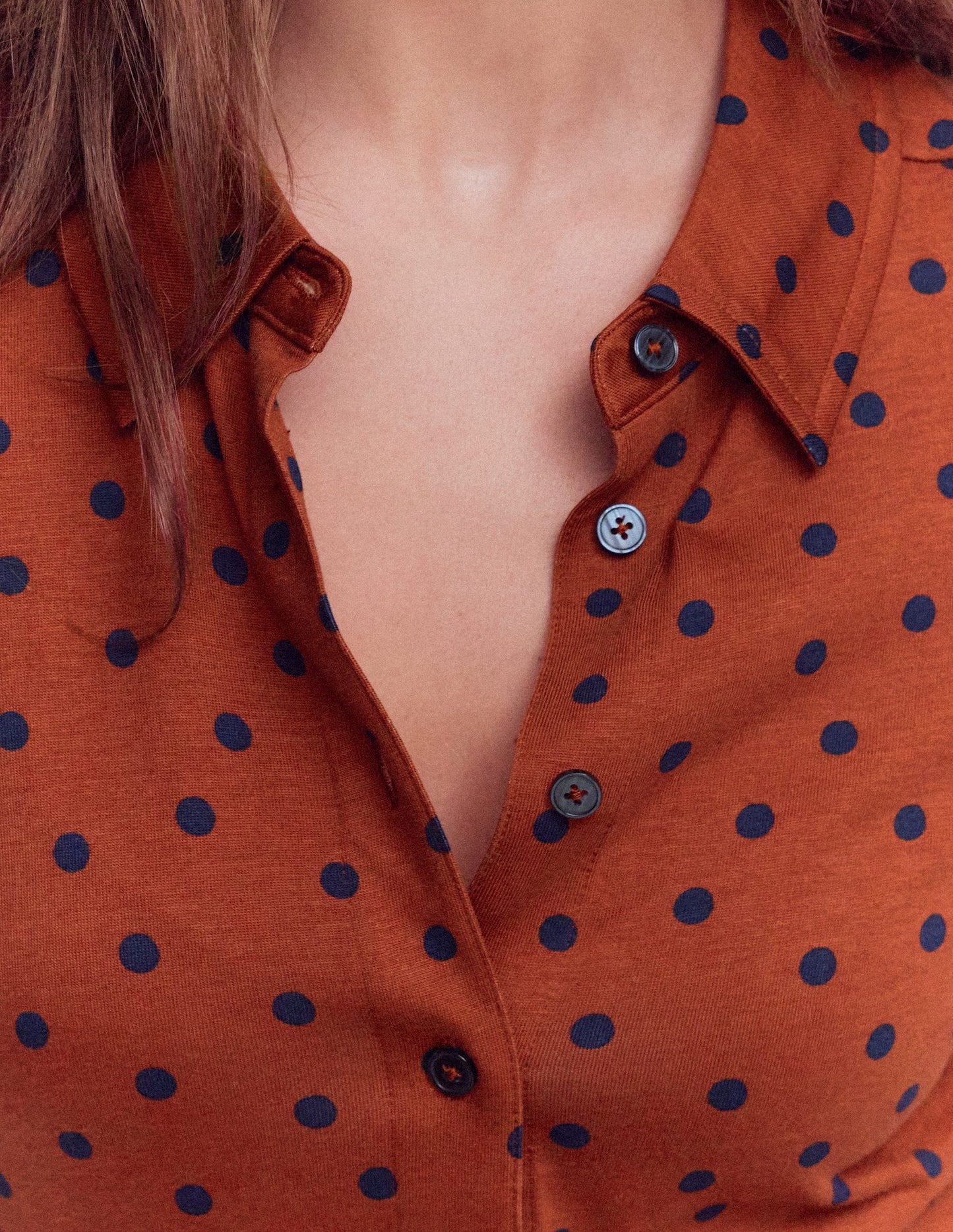 Marcia Jersey Shirt Dress-Burnt Orange, Navy Spot