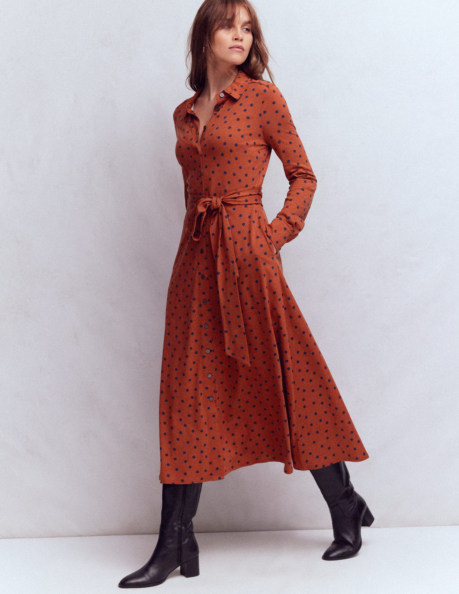 Marcia Jersey Shirt Dress-Burnt Orange, Navy Spot-4