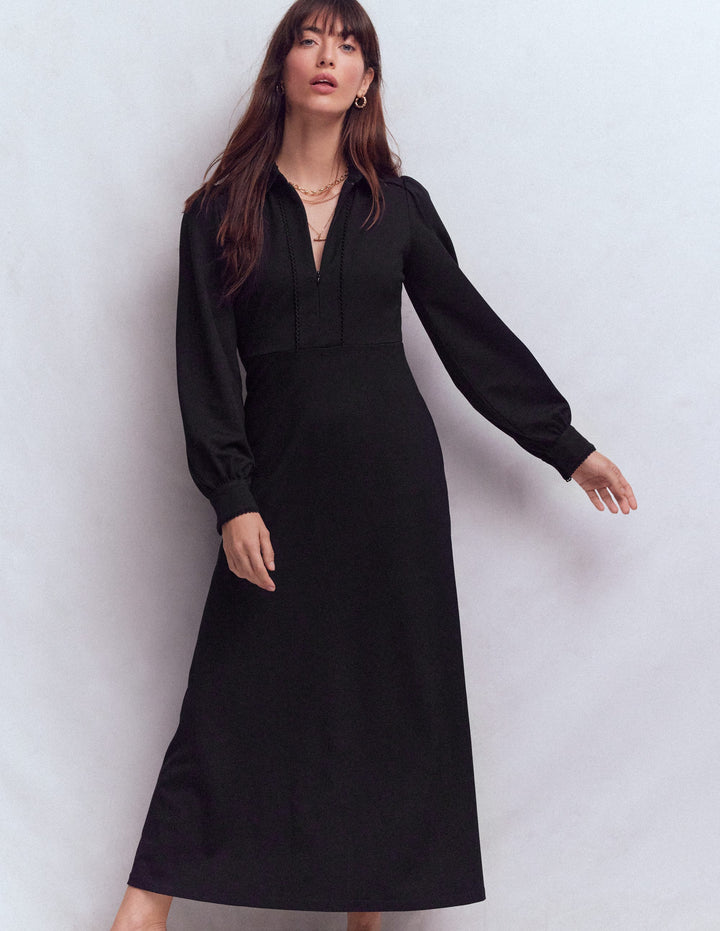Pip Zip-Up Ponte Midi Dress-Black