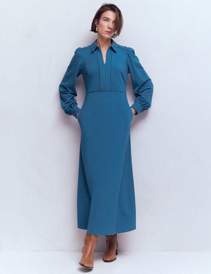 Pip Zip-Up Ponte Midi Dress-Tourmaline Blue-3