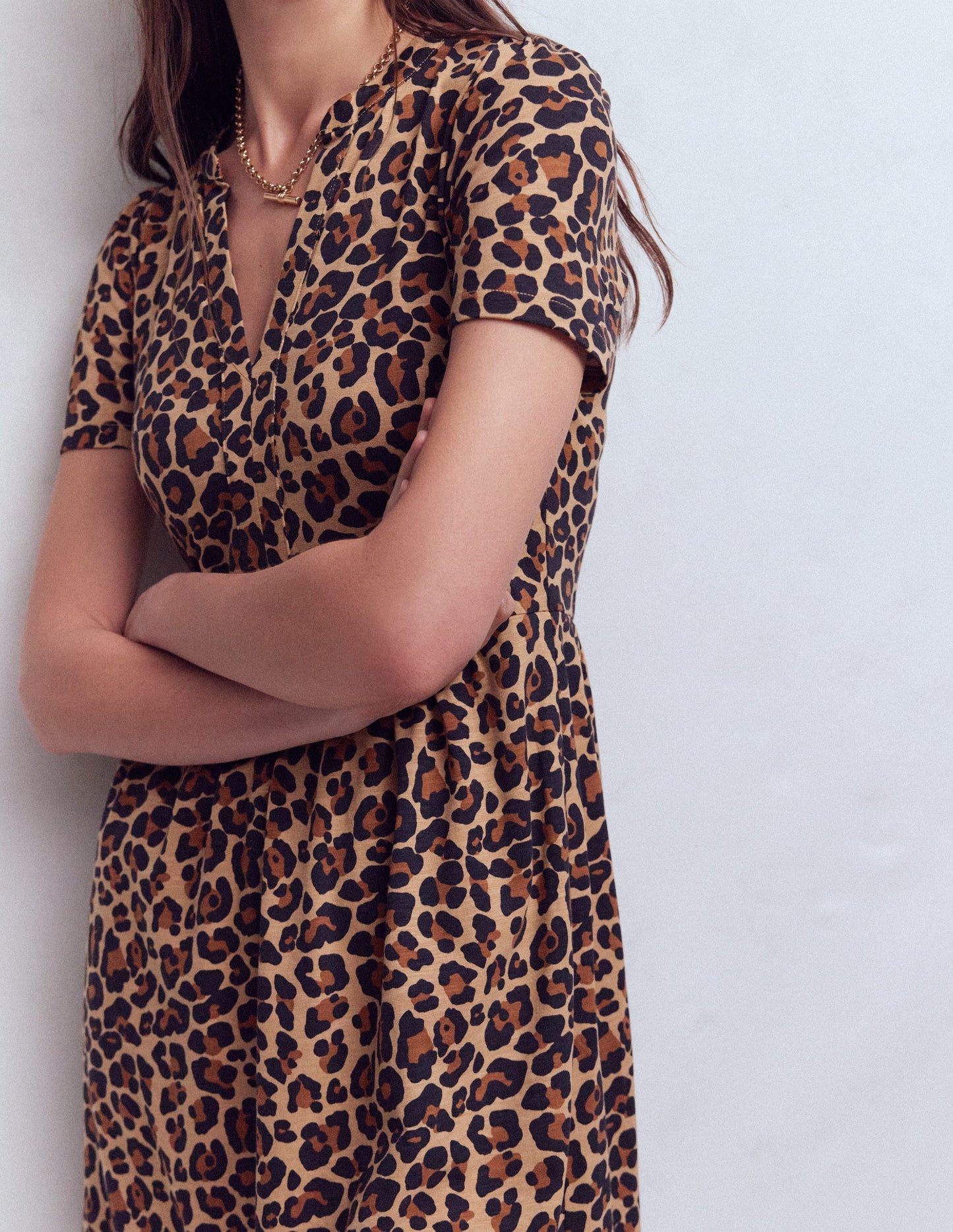 Naomi Short Jersey Dress-Camel, Cheetah Pop