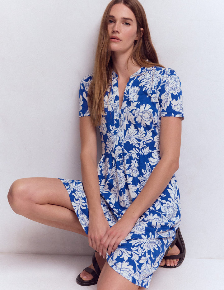 Naomi Short Jersey Dress-Blue, Botanical Flourish Mono