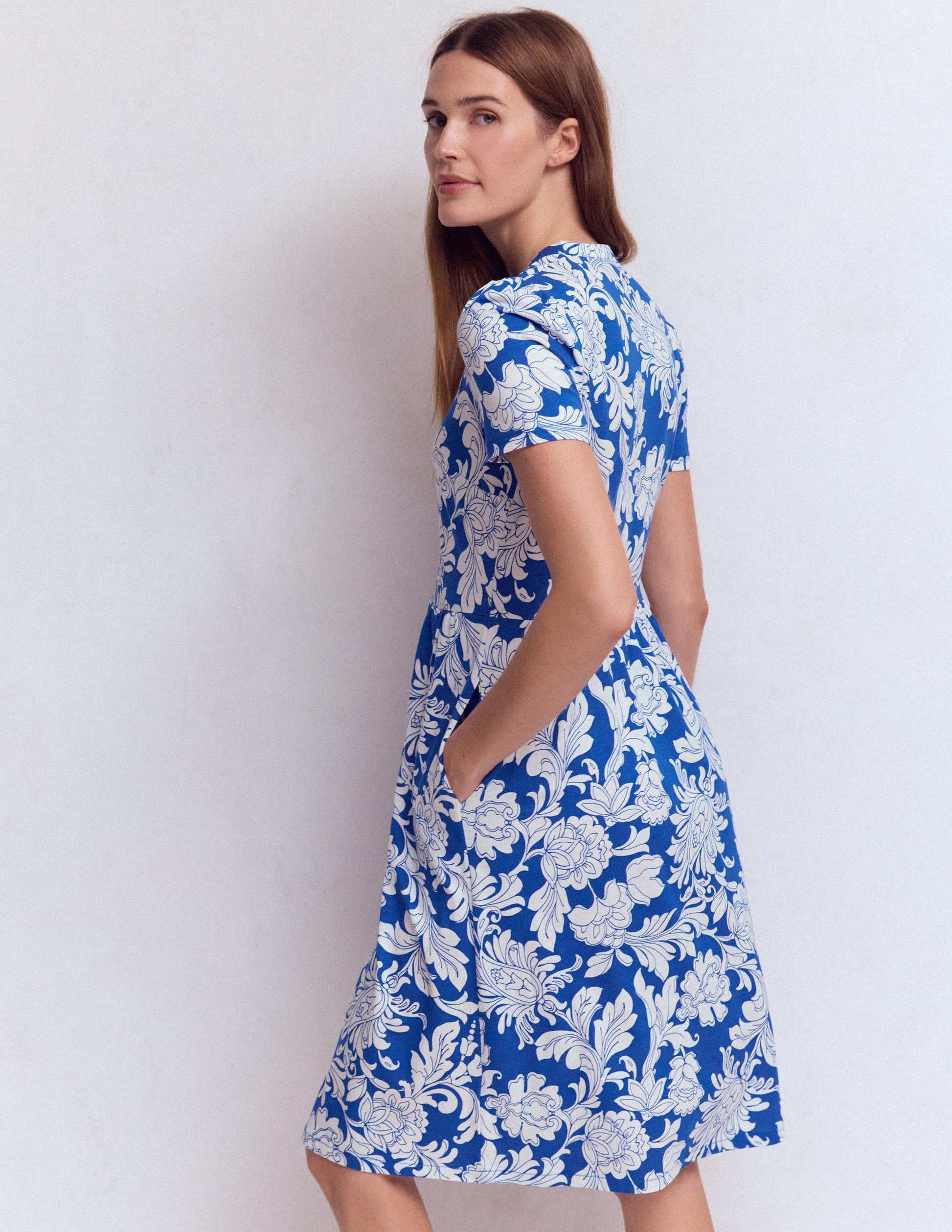 Naomi Short Jersey Dress-Blue, Botanical Flourish Mono-3