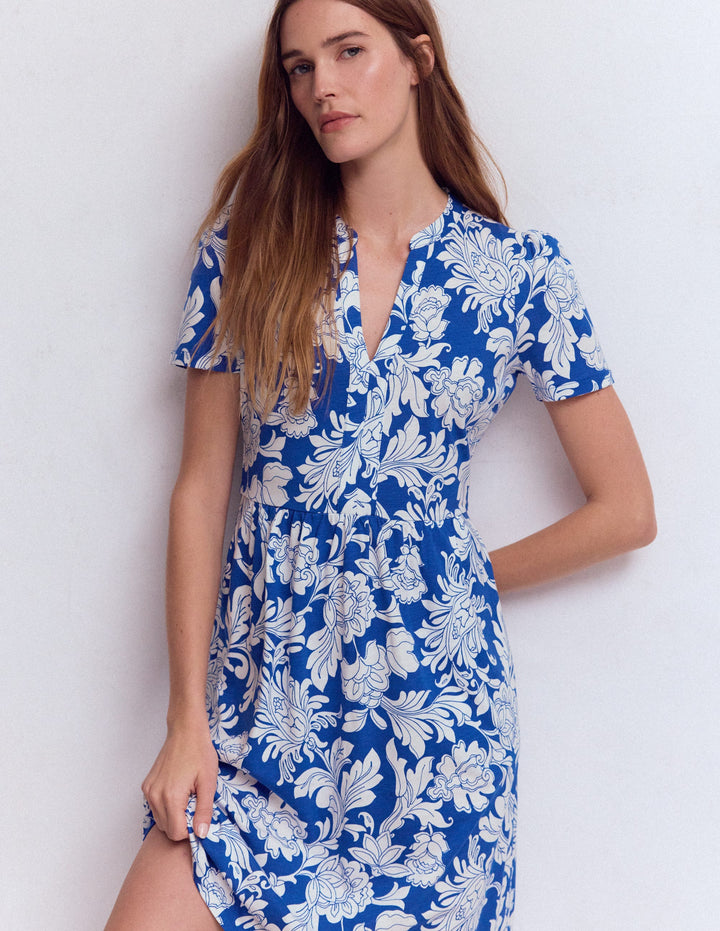 Naomi Short Jersey Dress-Blue, Botanical Flourish Mono