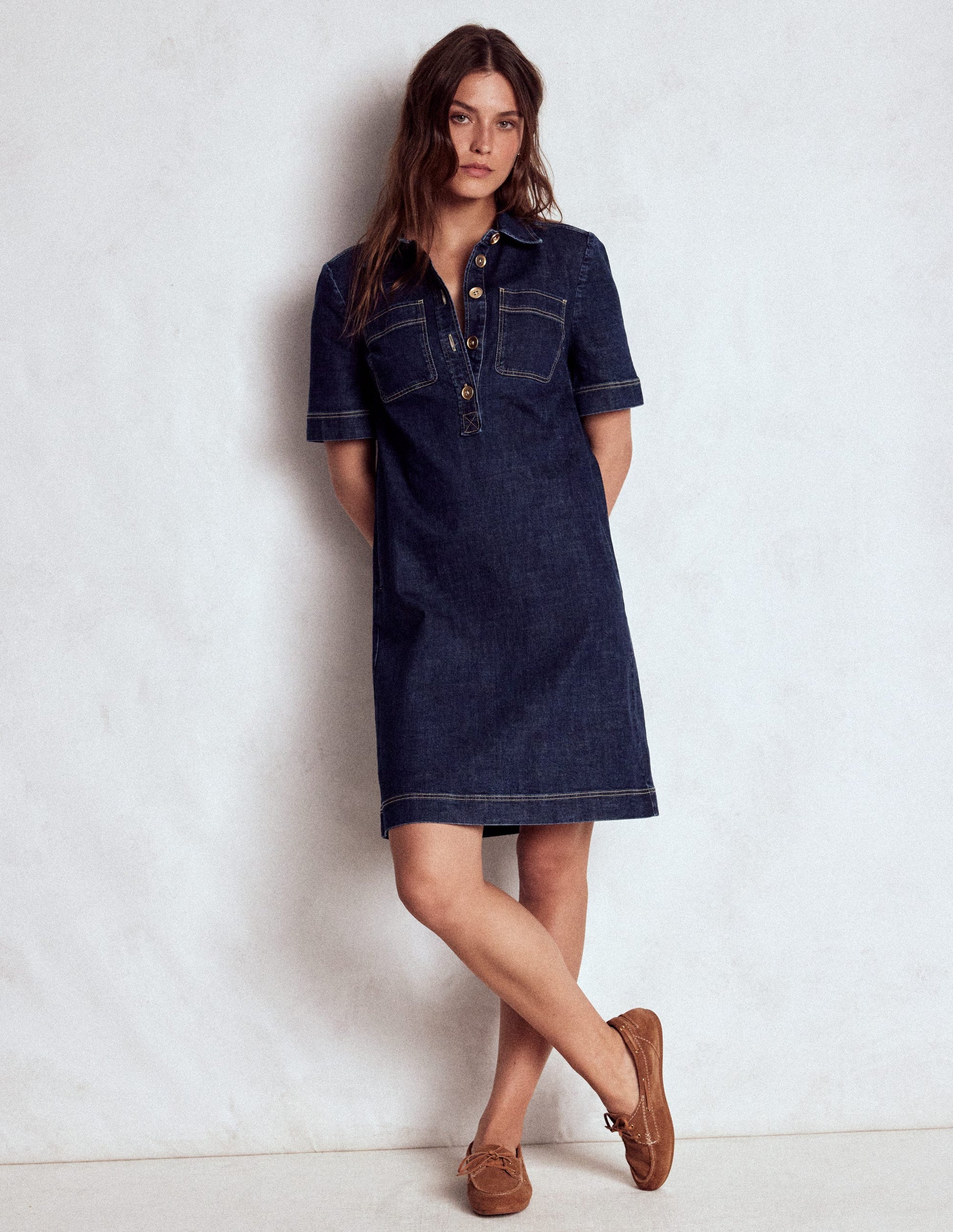 petite denim shift dress boohoo Women's Petite Collar Detail Denim Shift Dress