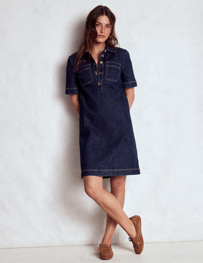 Zia Denim Pocket Shift Dress-Dark Indigo-4