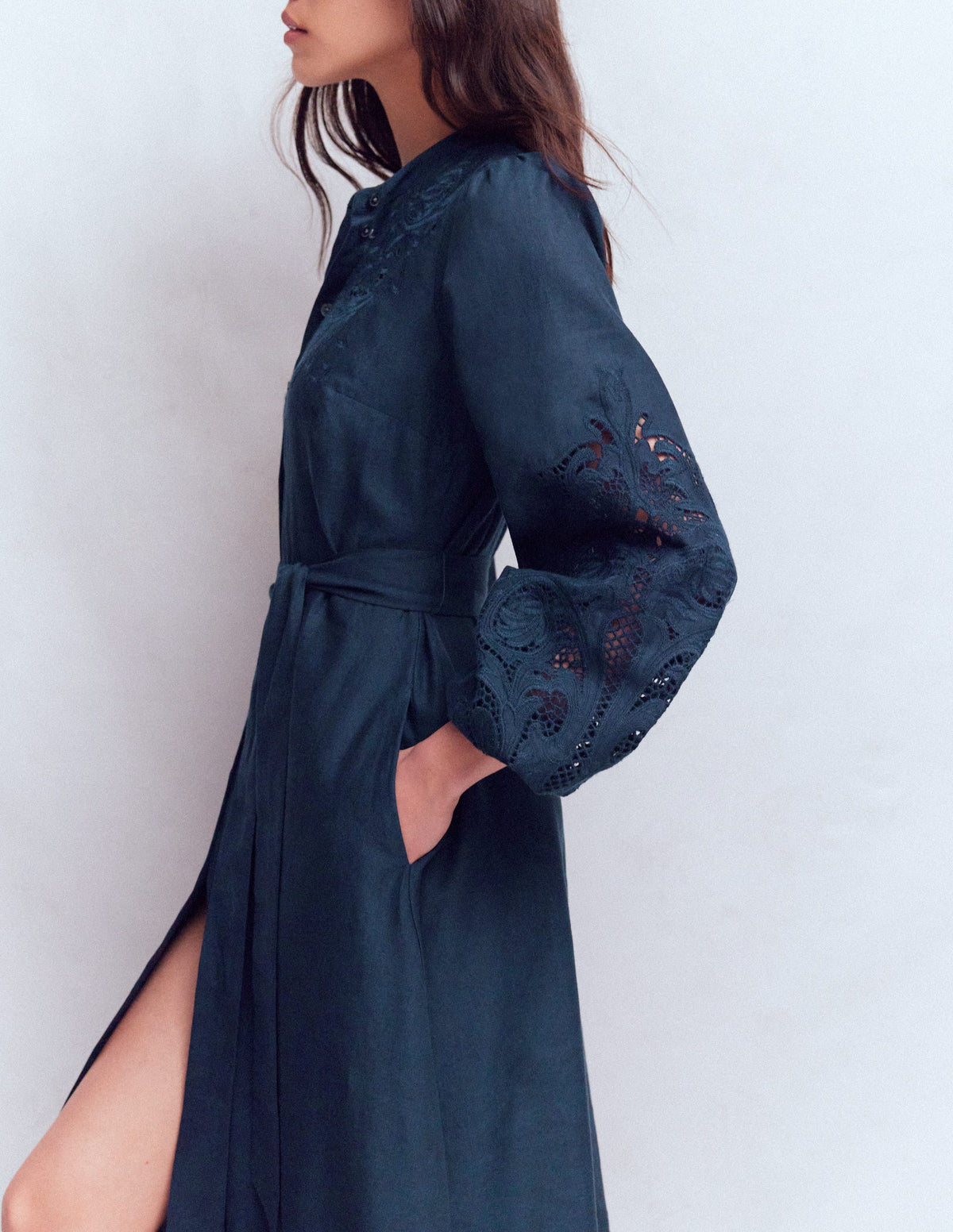 Mae Linen Blend Shirt Dress-Navy - Image 5