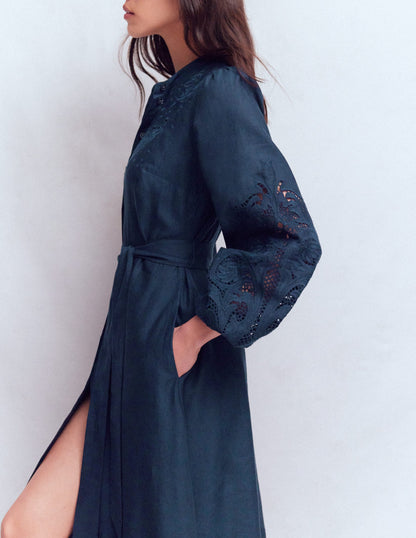 Mae Linen Blend Shirt Dress-Navy-5