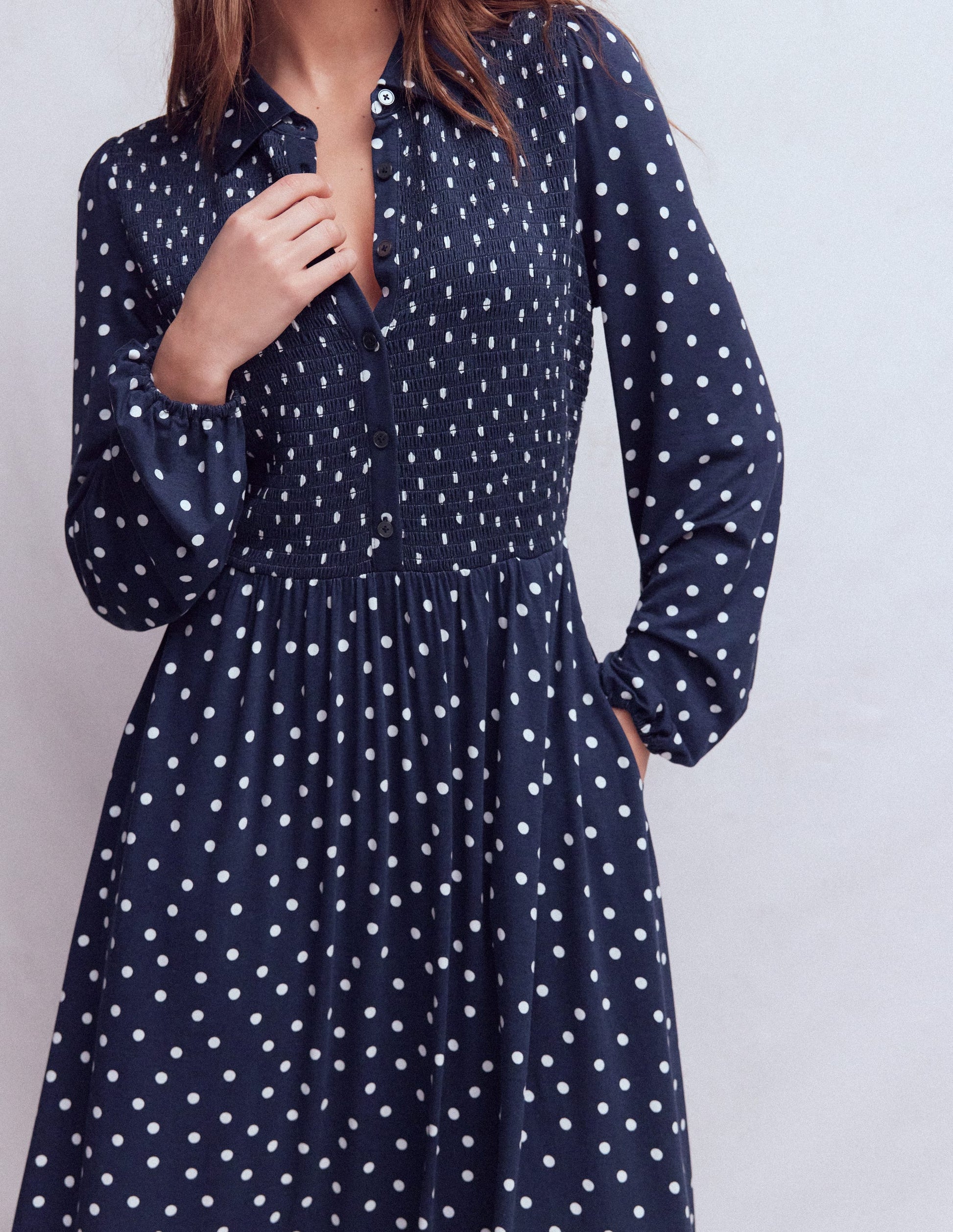 Smocked Jersey Shirt Dress-Navy Spot-2