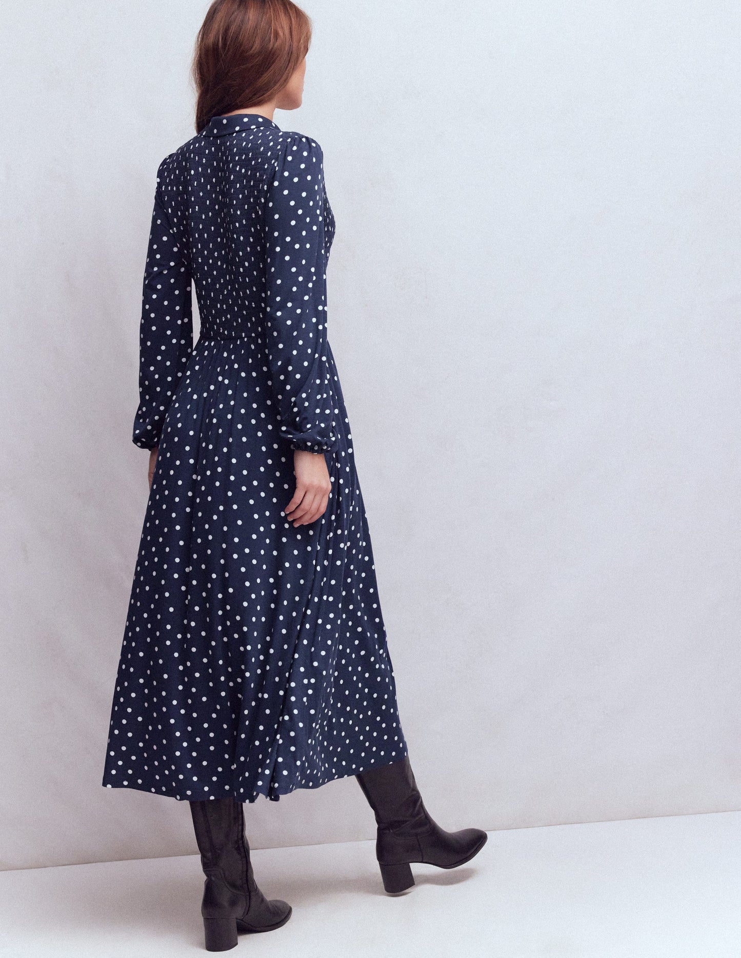 Smocked Jersey Shirt Dress-Navy Spot