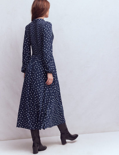 Smocked Jersey Shirt Dress-Navy Spot-3