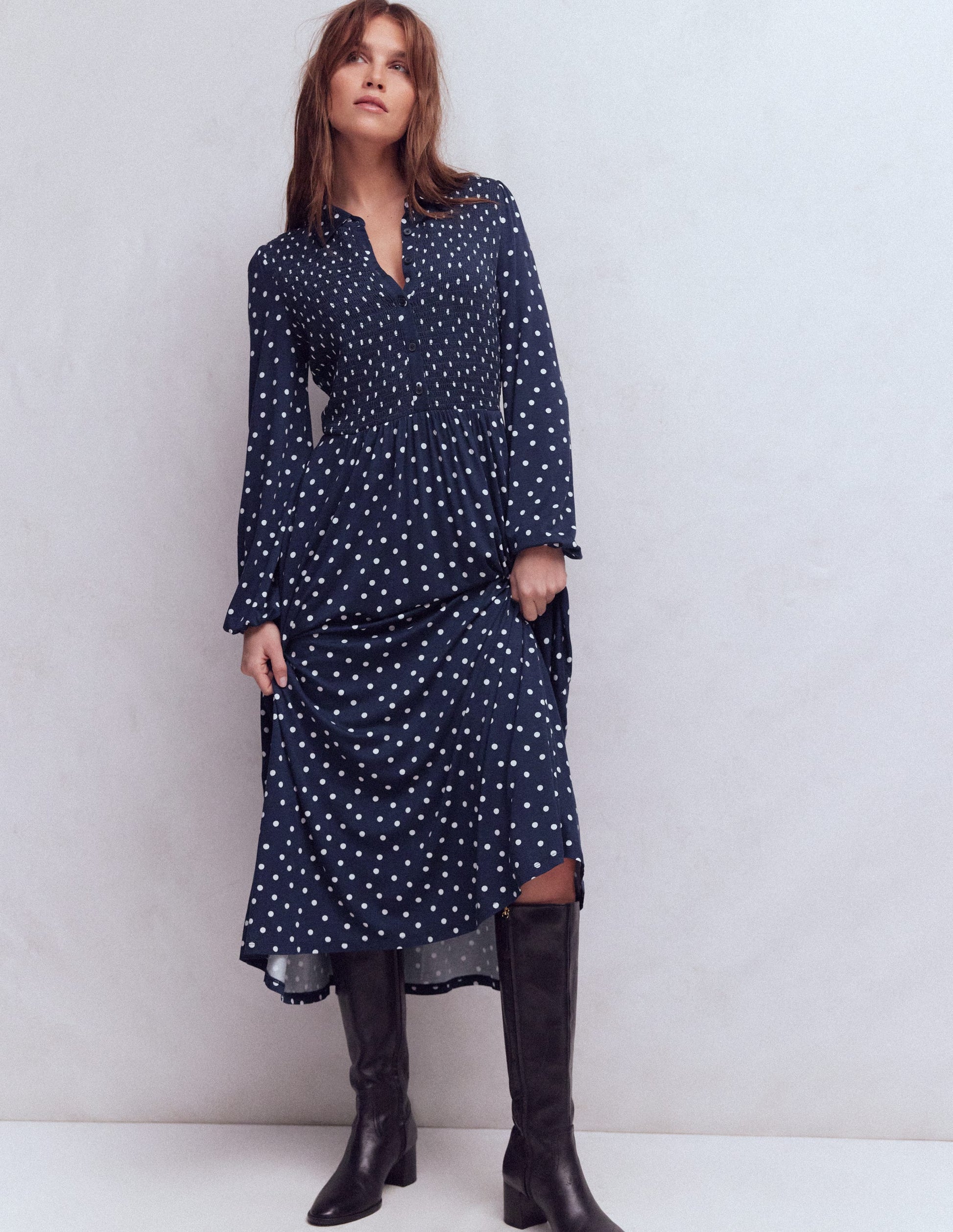 Smocked Jersey Shirt Dress-Navy Spot-4