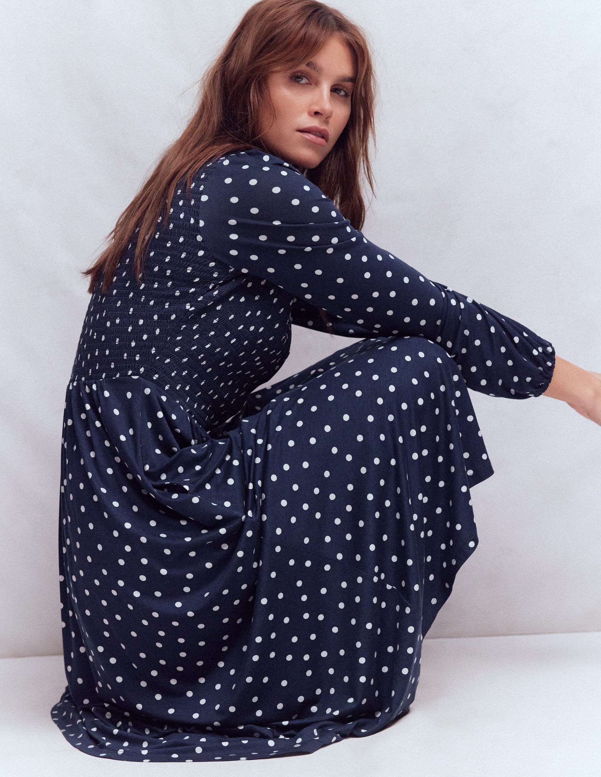 Smocked Jersey Shirt Dress-Navy Spot-5