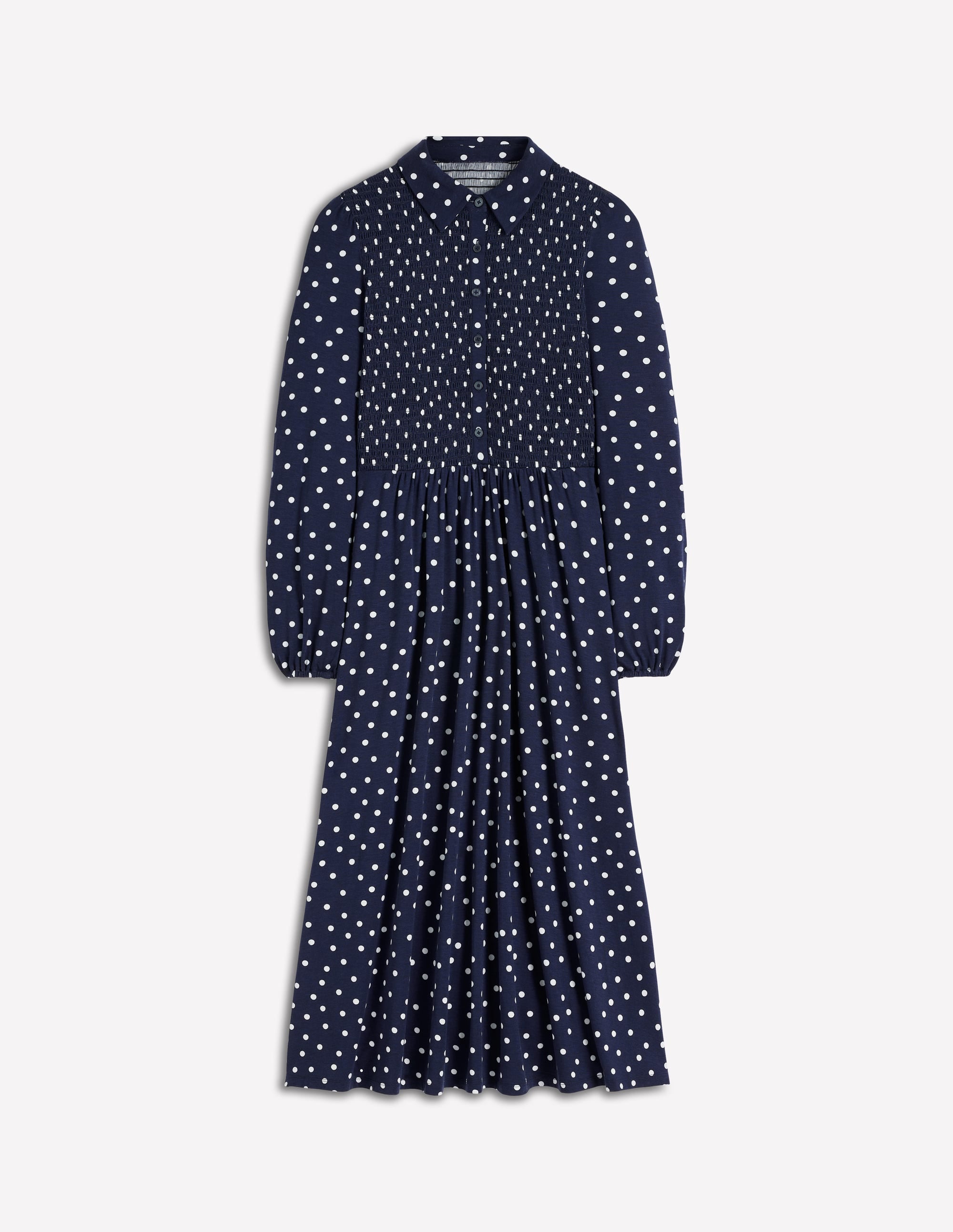 Smocked Jersey Dress-French Navy, Painted Dot - Image 7
