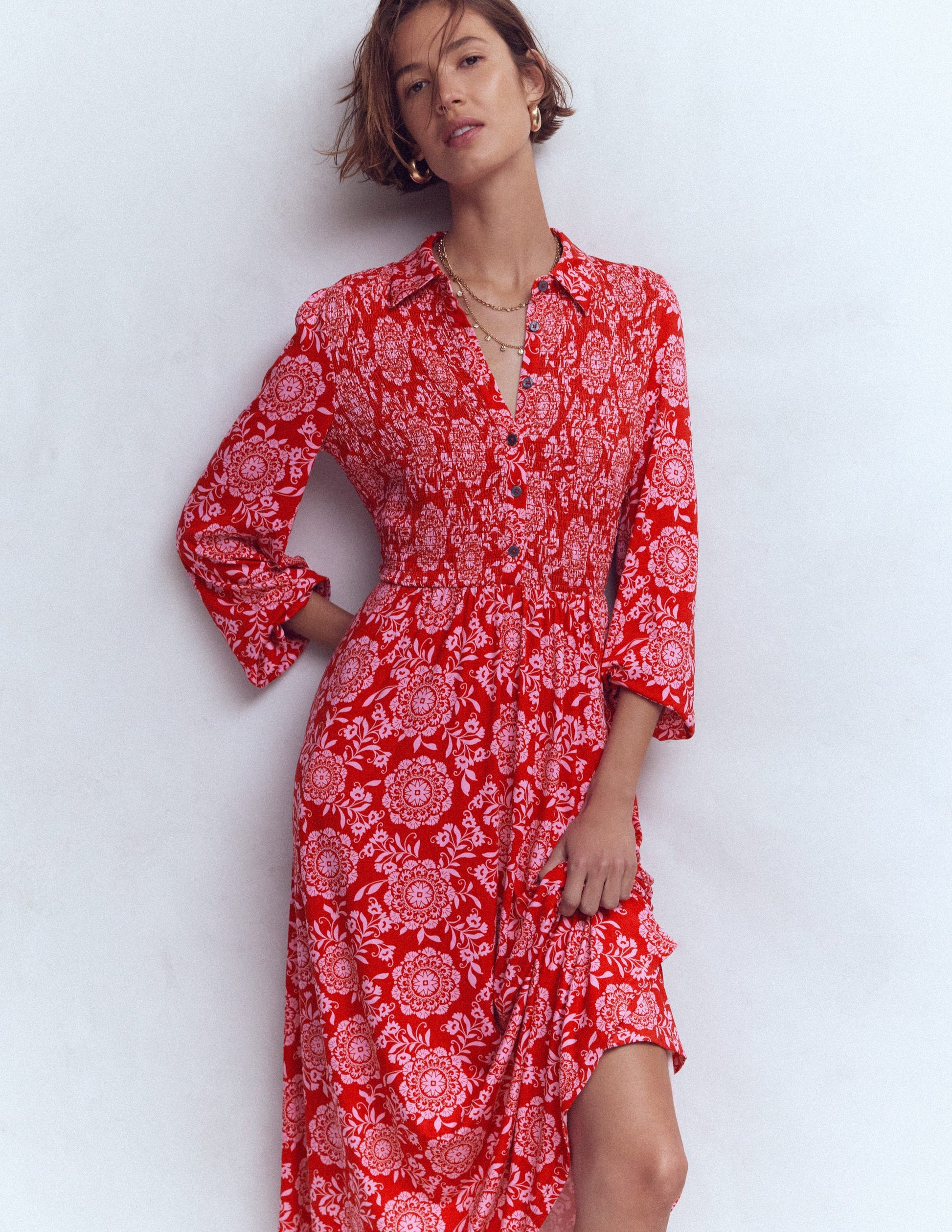 Smocked Jersey Shirt Dress-Merida Red, Decorative Blossom-3