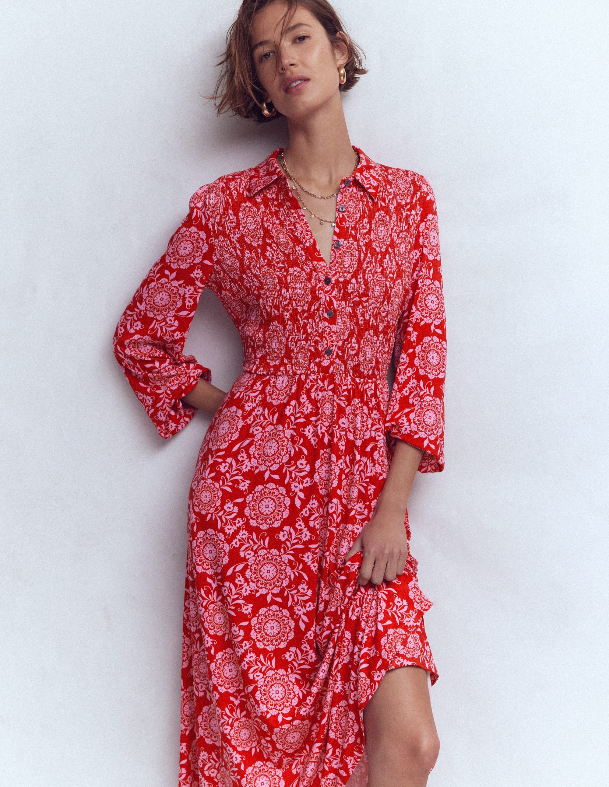 Camilla Smocked Jersey Dress-Merida Red, Decorative Blossom - Image 2