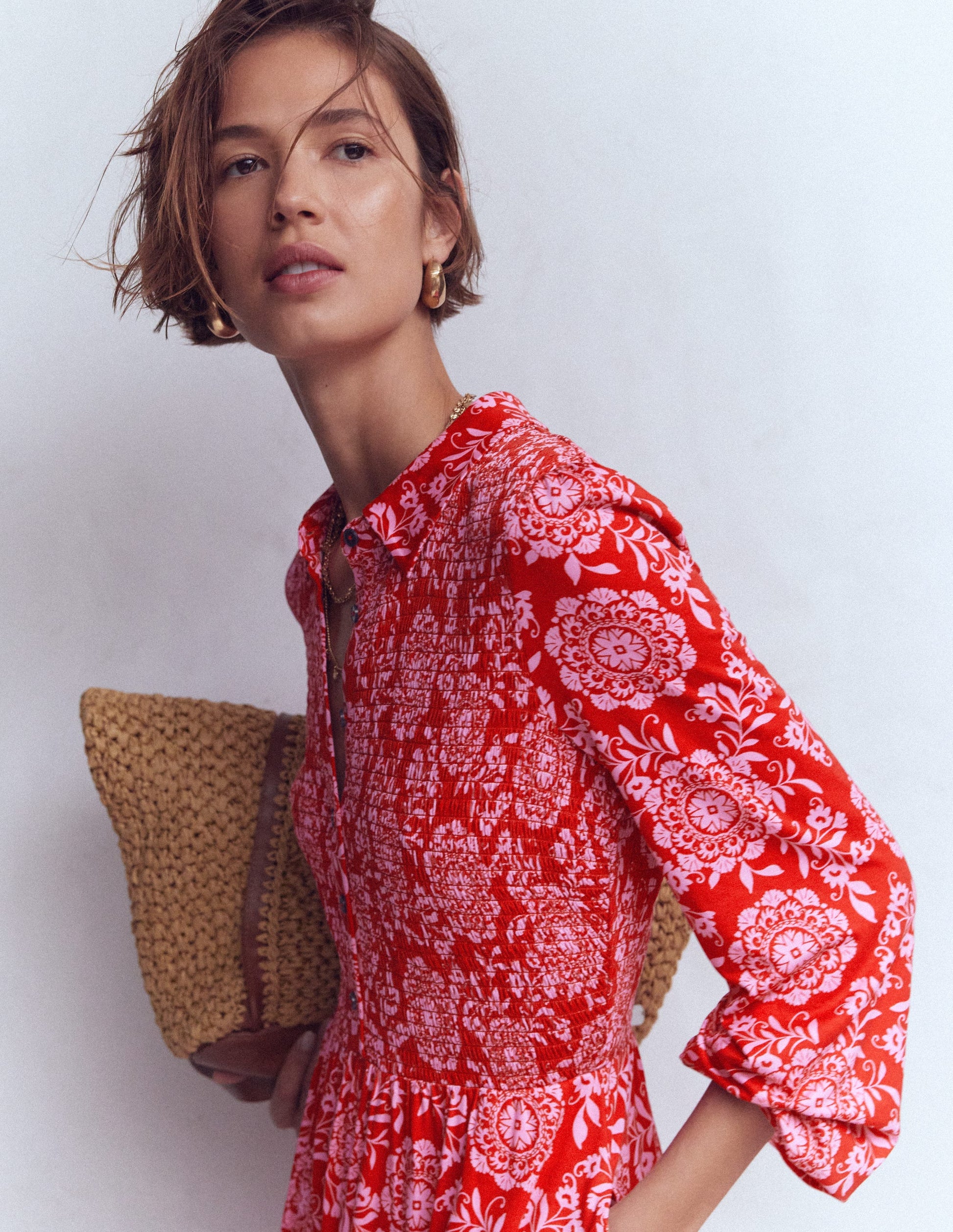 Smocked Jersey Shirt Dress-Merida Red, Decorative Blossom | Boden USA Smocked Jersey Shirt Dress-Merida Red, Decorative Blossom | Boden USA
