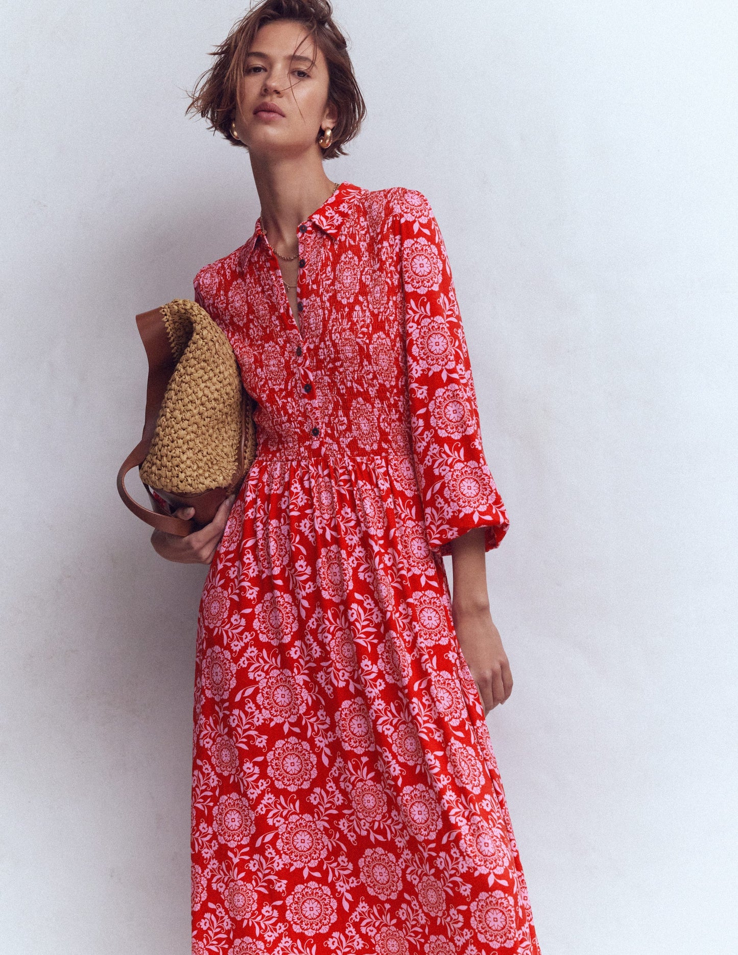 Smocked Jersey Shirt Dress-Merida Red, Decorative Blossom