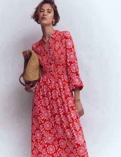 Smocked Jersey Shirt Dress-Merida Red, Decorative Blossom-6