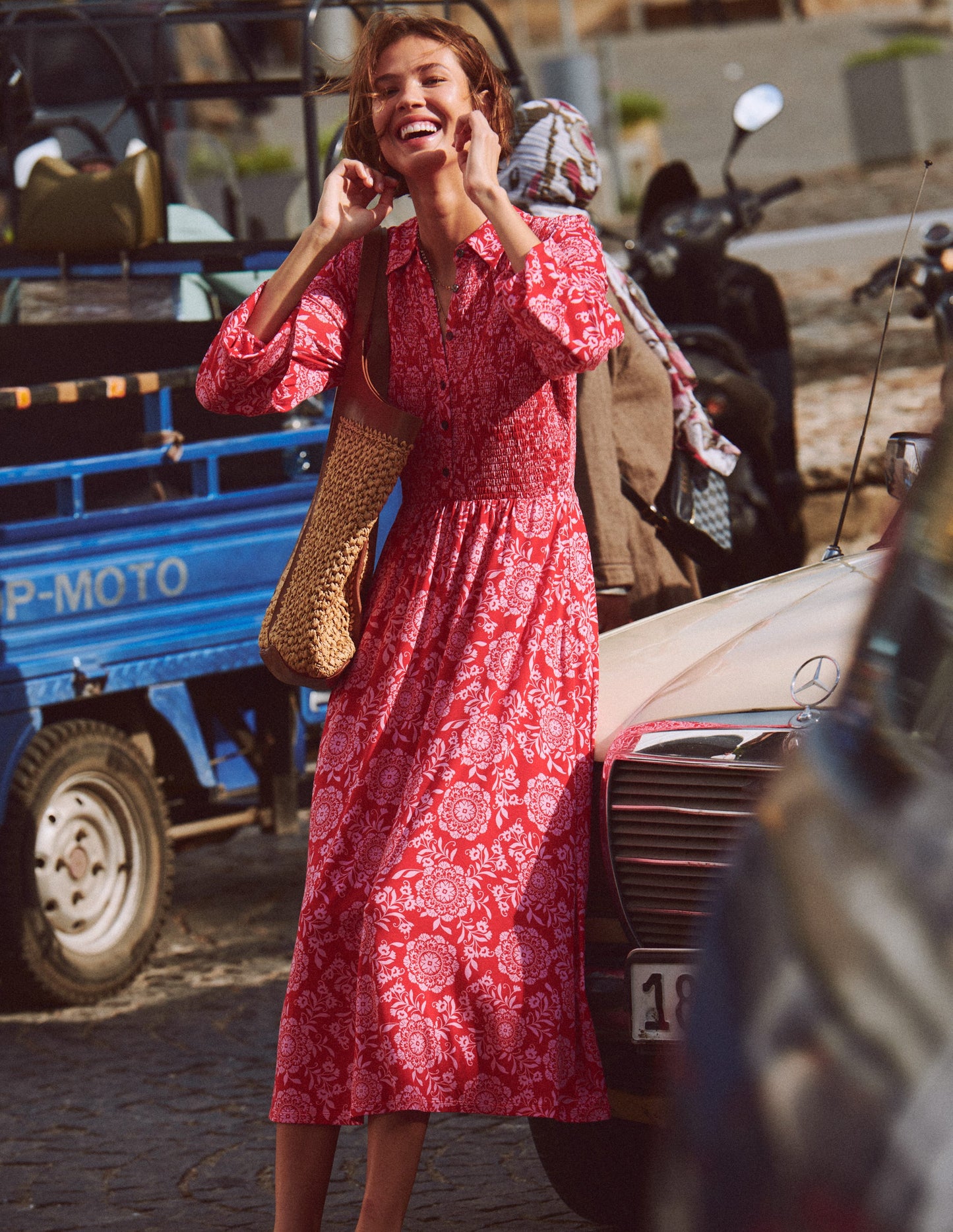 Smocked Jersey Shirt Dress-Merida Red, Decorative Blossom
