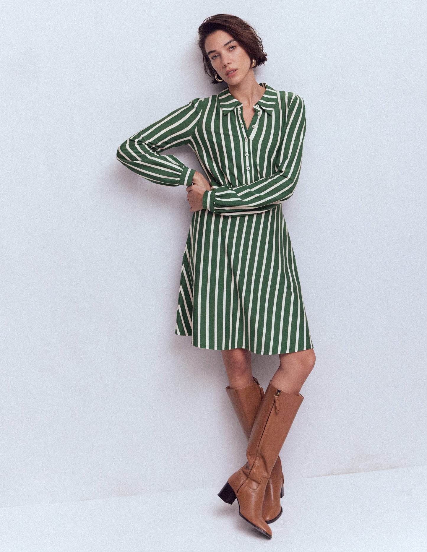 Orla Short Jersey Shirt Dress-Hunter Green, Ivory Stripe