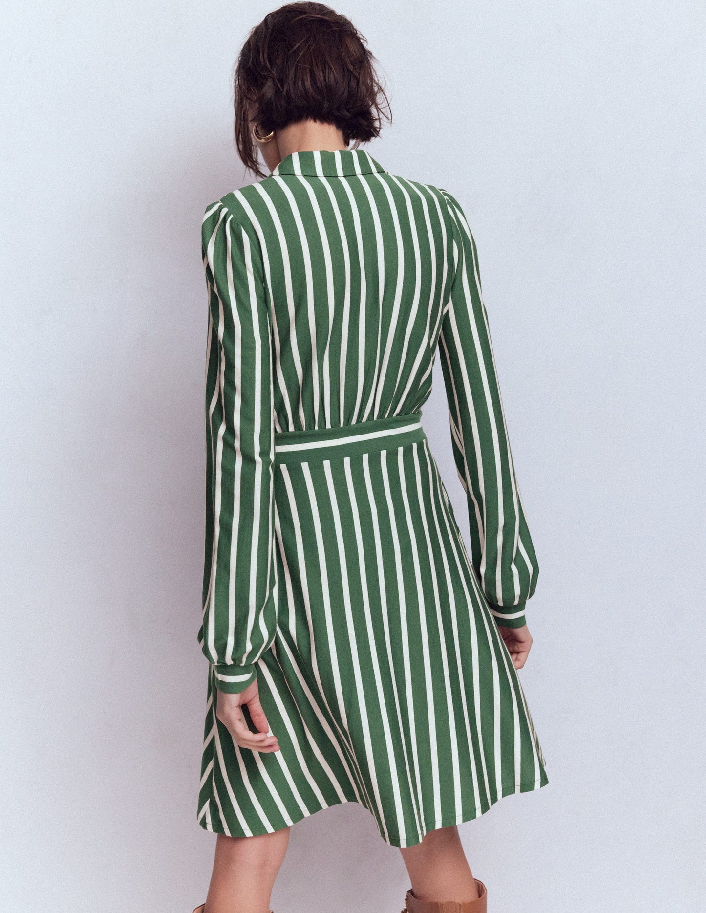 Orla Short Jersey Shirt Dress-Hunter Green, Ivory Stripe