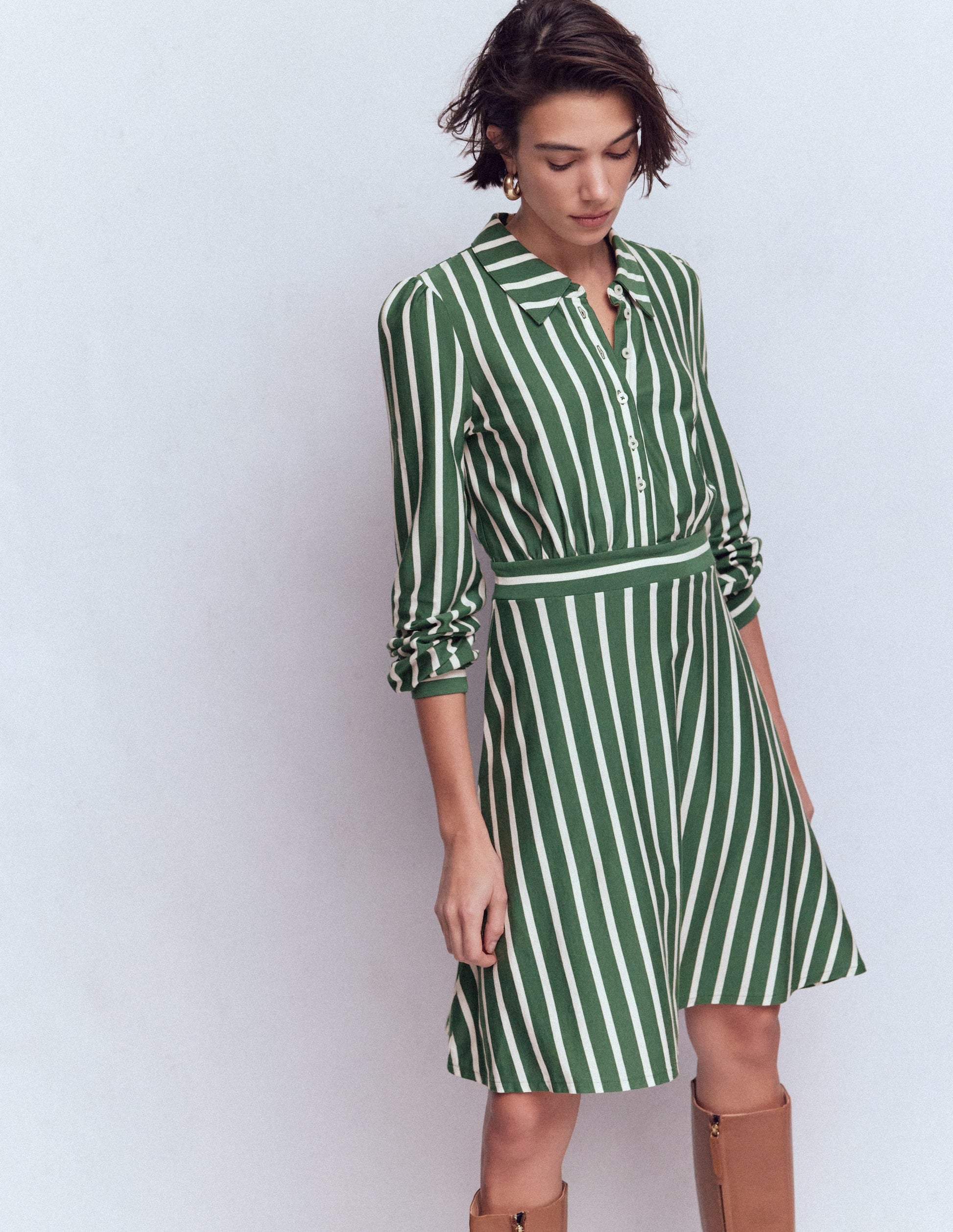 Orla Short Jersey Shirt Dress-Hunter Green and Ivory Stripe | Boden USA Orla Short Jersey Shirt Dress-Hunter Green and Ivory Stripe | Boden USA