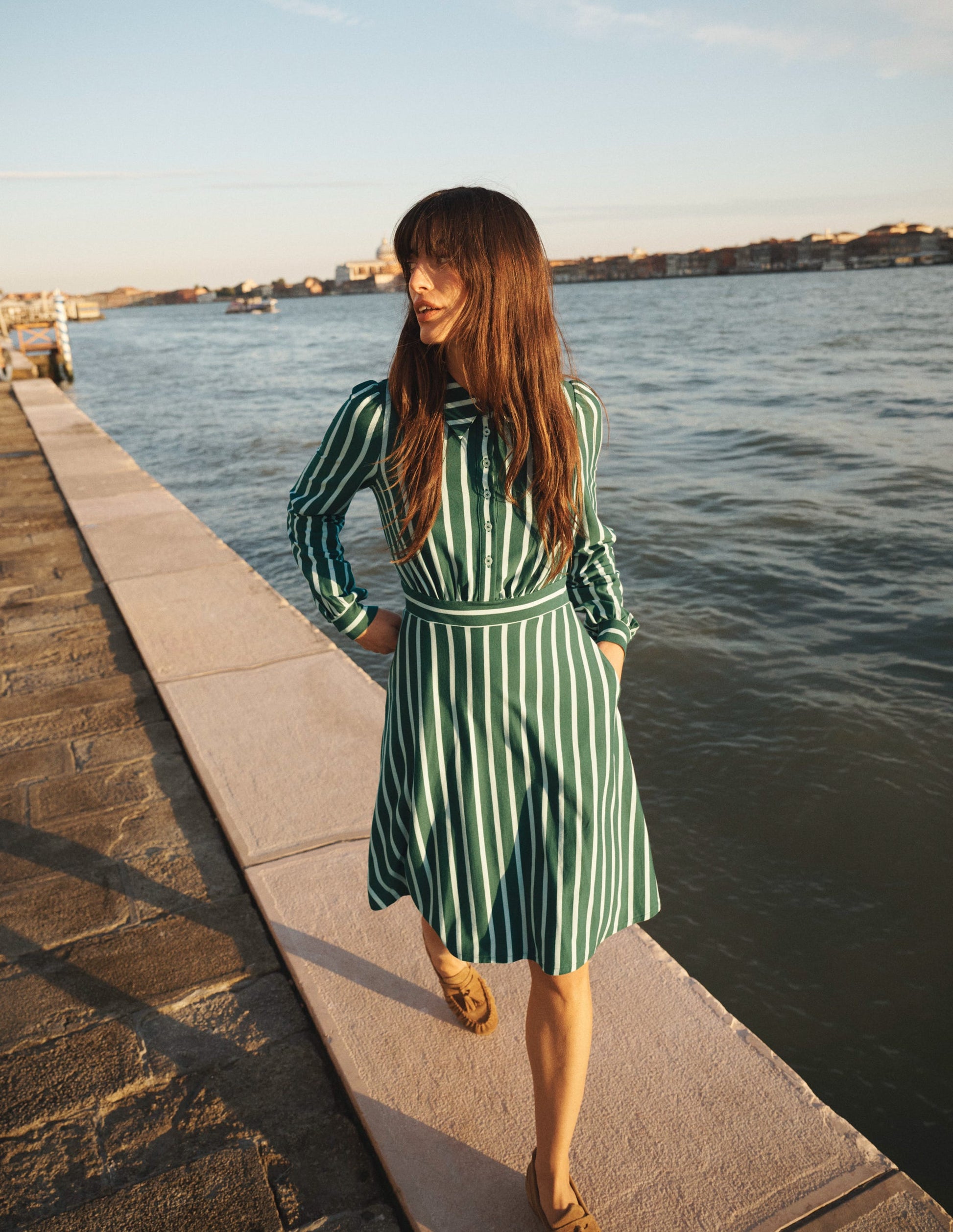 Orla Short Jersey Shirt Dress-Hunter Green and Ivory Stripe | Boden USA Orla Short Jersey Shirt Dress-Hunter Green and Ivory Stripe | Boden USA