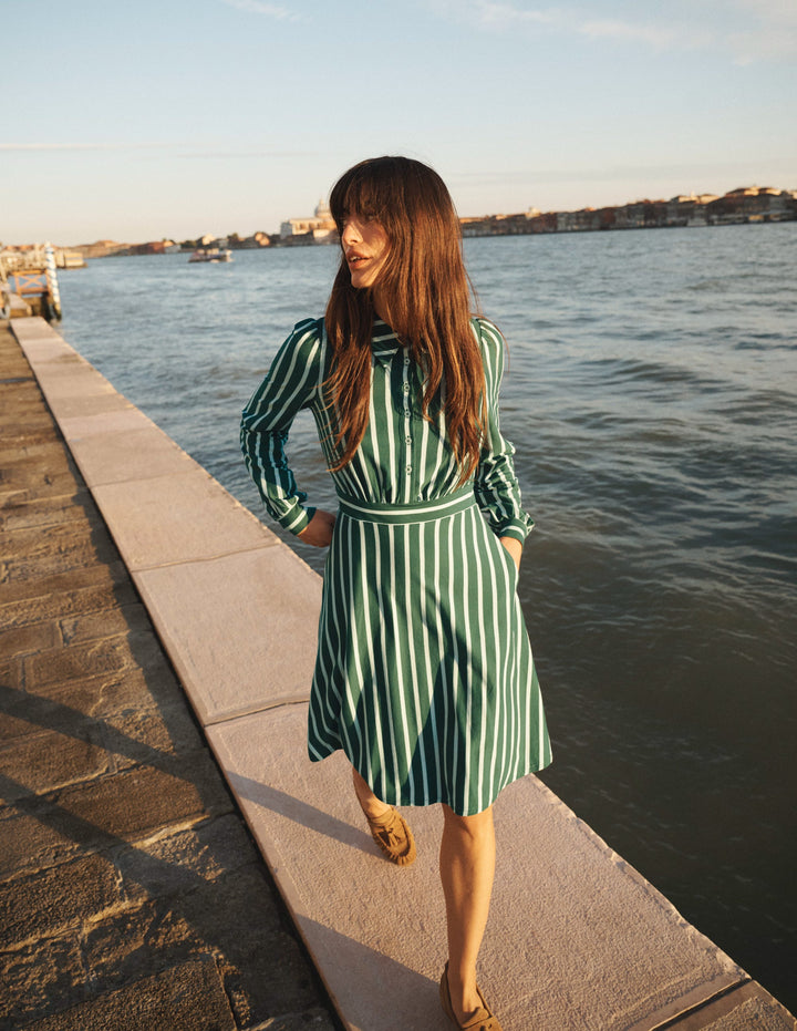 Orla Short Jersey Shirt Dress-Hunter Green, Ivory Stripe
