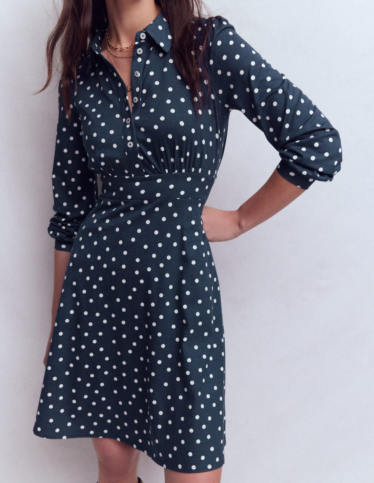 Orla Short Jersey Shirt Dress-French Navy, Painted Dot - Image 2